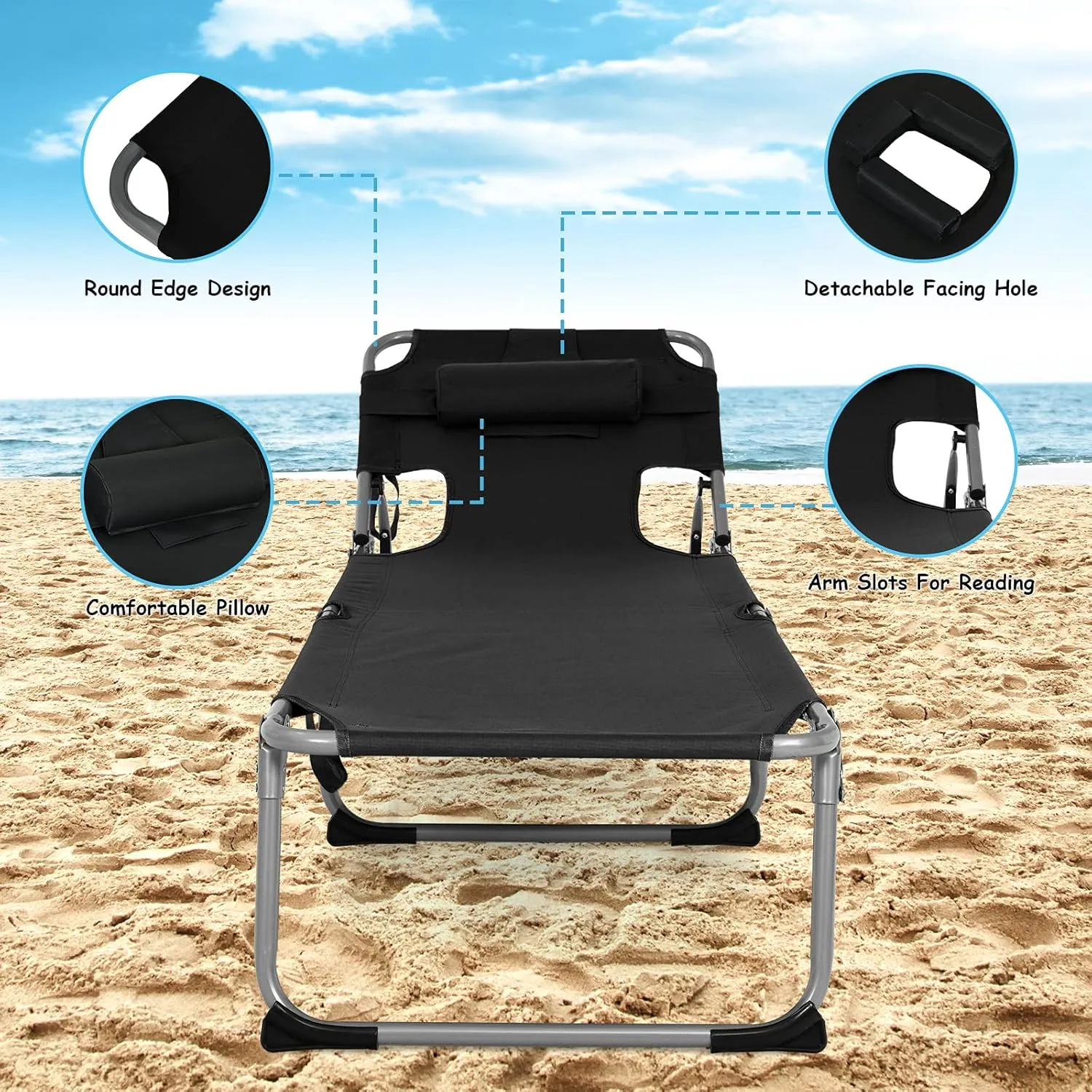 GYMAX Tanning Chair, Folding Beach Lounger with Face Arm Hole, Adjustable Backrest, Side Pocket, Pillow & Carry Handle, Outside Sunbathing Lounge Chair for Patio, Poolside, Lawn (1, Black)