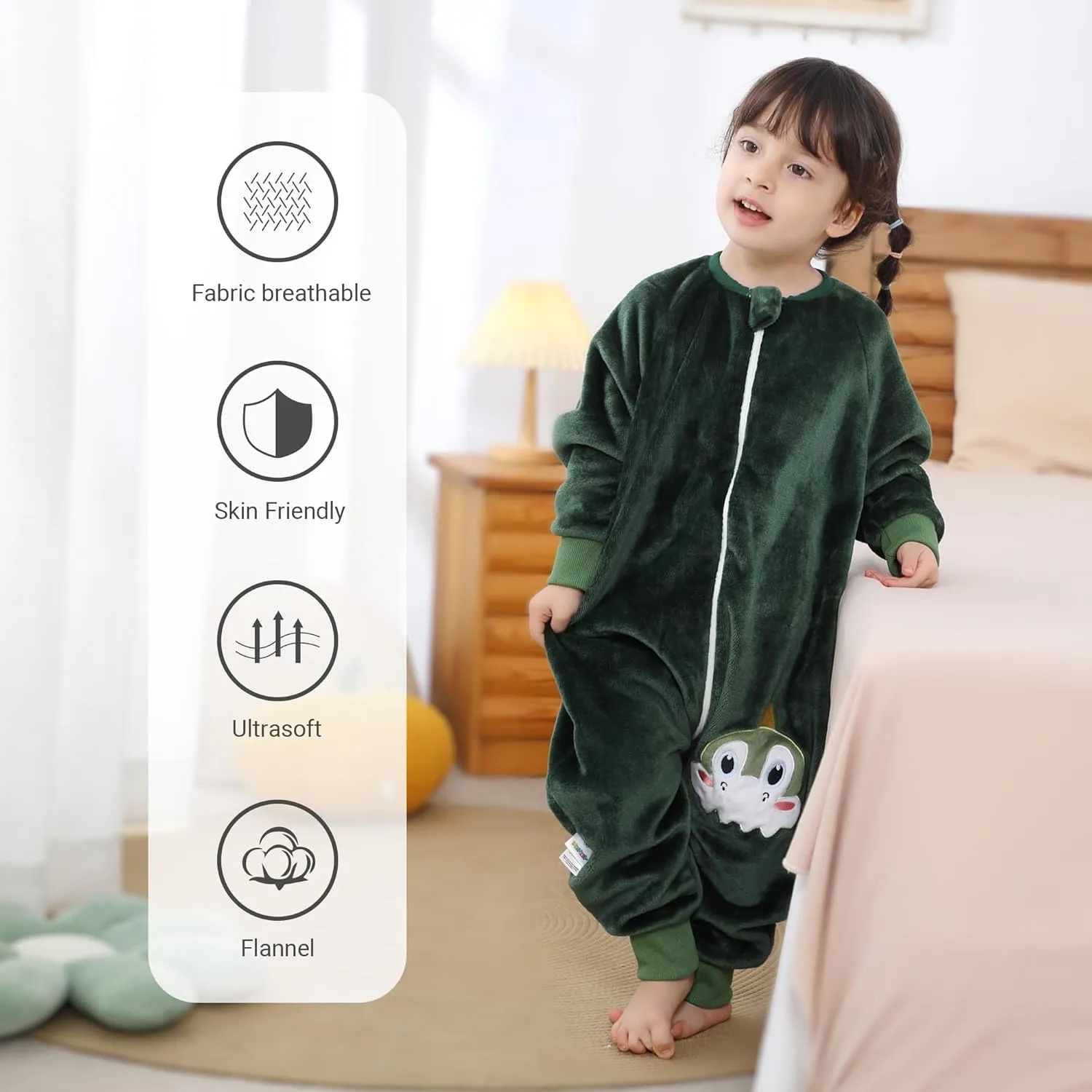 HAHASHOW Baby Winter Sleeping Sack with Feet, Unisex Long Sleeve Toddler Sleeping Bag, Flannel Early Walker Sack, 2-3T, Green