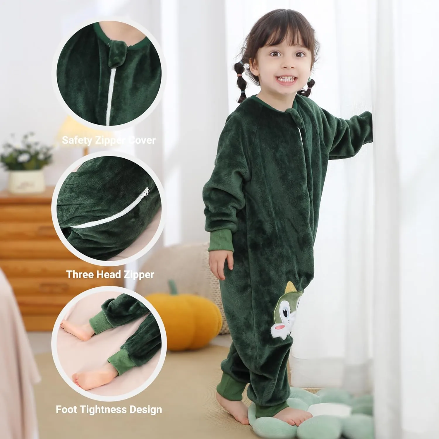 HAHASHOW Baby Winter Sleeping Sack with Feet, Unisex Long Sleeve Toddler Sleeping Bag, Flannel Early Walker Sack, 2-3T, Green