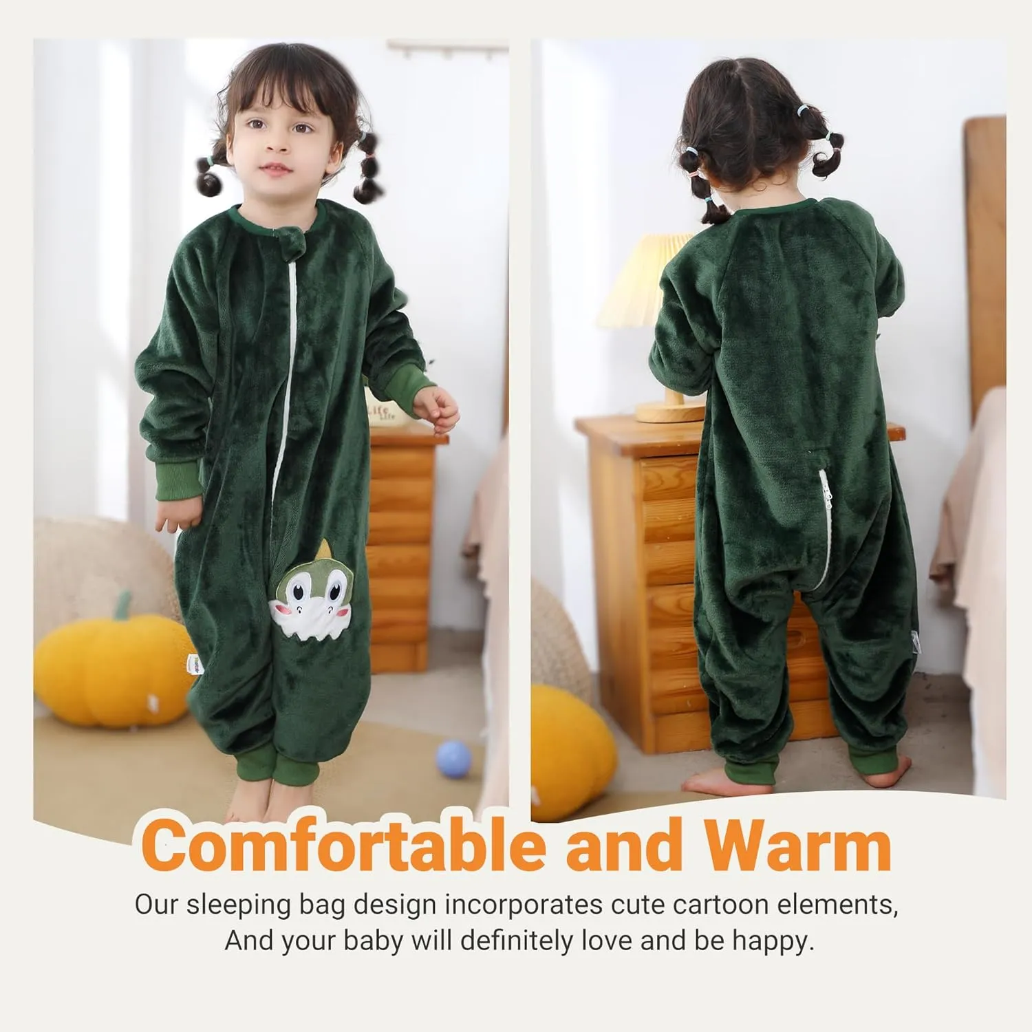 HAHASHOW Baby Winter Sleeping Sack with Feet, Unisex Long Sleeve Toddler Sleeping Bag, Flannel Early Walker Sack, 2-3T, Green