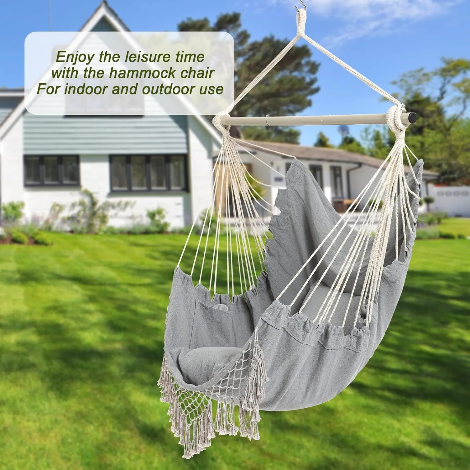 Hammock Chair, Hanging Rope Swing Seat with 2 Cushions,Macrame Hanging Chair Side Pocket with High Load-Bearing Metal Rod,for Indoor, Outdoor, Extra Comfortable