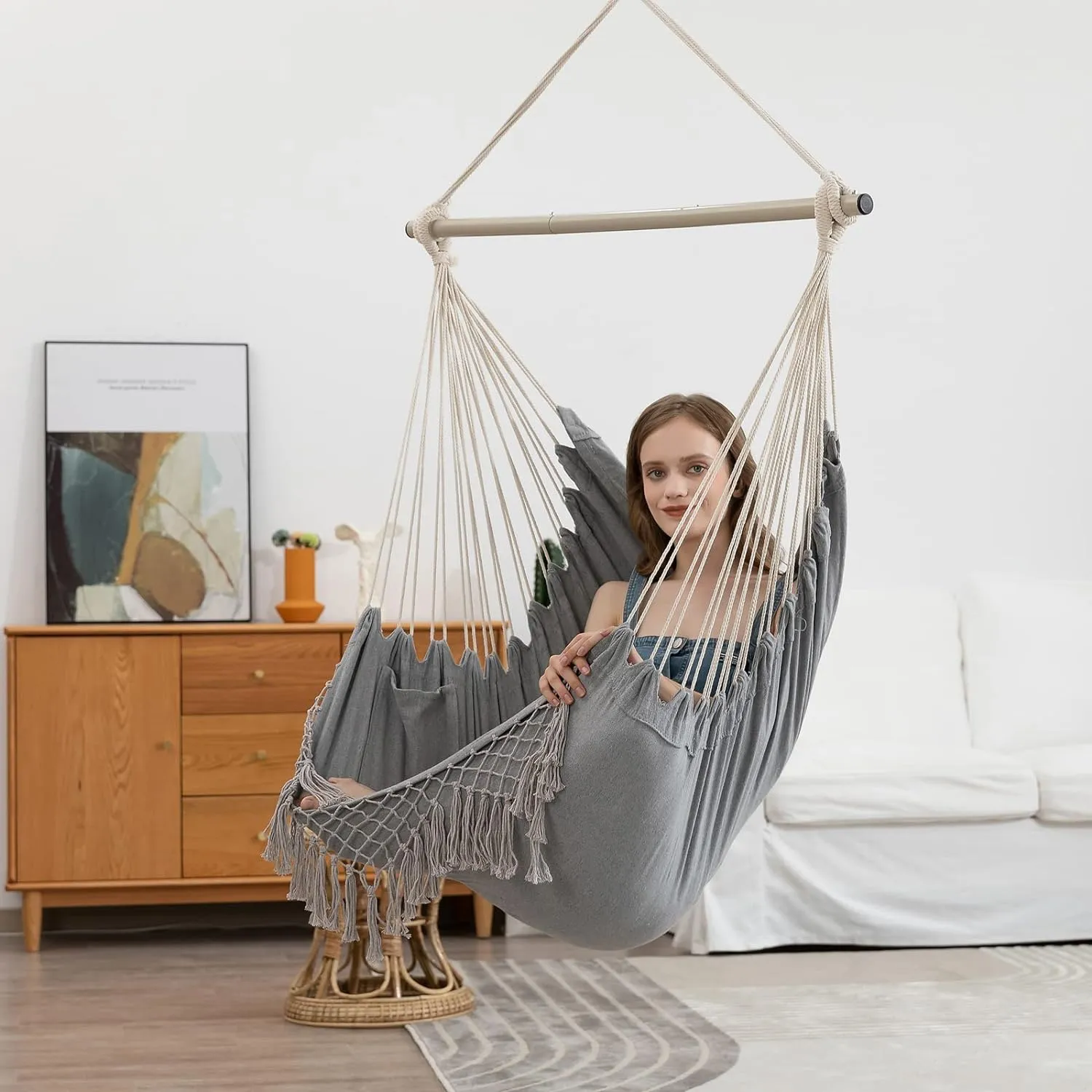 Hammock Chair, Hanging Rope Swing Seat with 2 Cushions,Macrame Hanging Chair Side Pocket with High Load-Bearing Metal Rod,for Indoor, Outdoor, Extra Comfortable