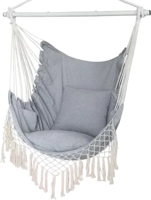 Hammock Chair, Hanging Rope Swing Seat with 2 Cushions,Macrame Hanging Chair Side Pocket with High Load-Bearing Metal Rod,for Indoor, Outdoor, Extra Comfortable