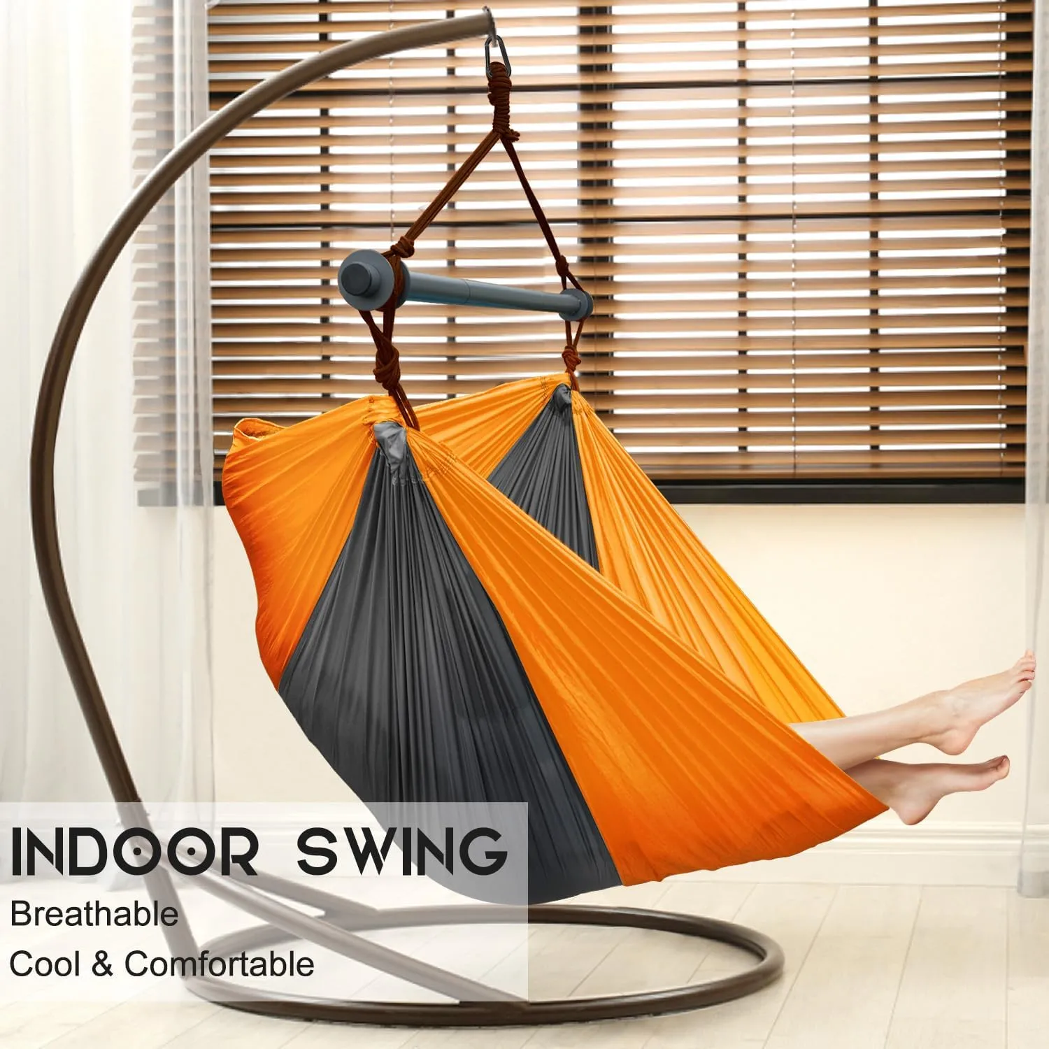 Hammock Chair, Portable Large Hanging Rope Swing, Lightweight Nylon Parachute, Max 500 Lbs, Detachable Metal Support Bar Hammock Chair Swing for Outdoor, Indoor, Bedroom (Orange, Dark Gray)