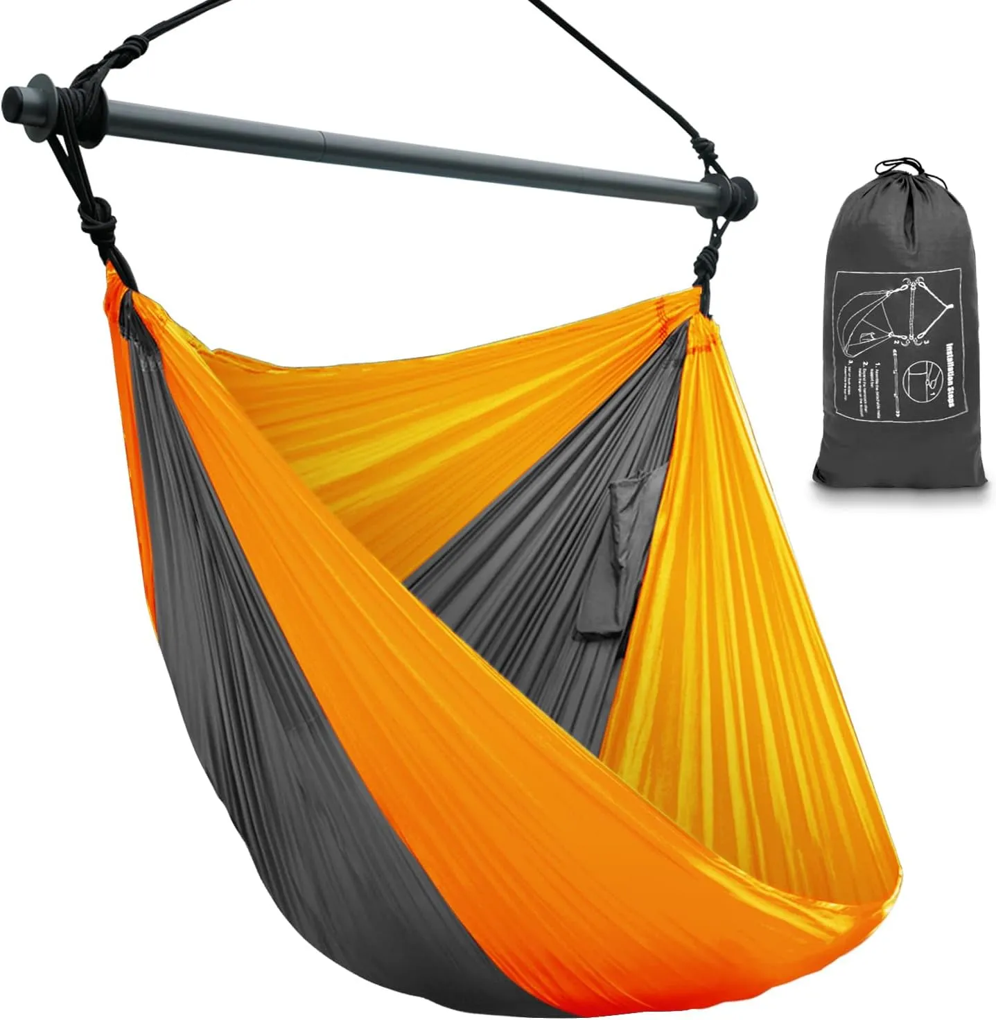 Hammock Chair, Portable Large Hanging Rope Swing, Lightweight Nylon Parachute, Max 500 Lbs, Detachable Metal Support Bar Hammock Chair Swing for Outdoor, Indoor, Bedroom (Orange, Dark Gray)