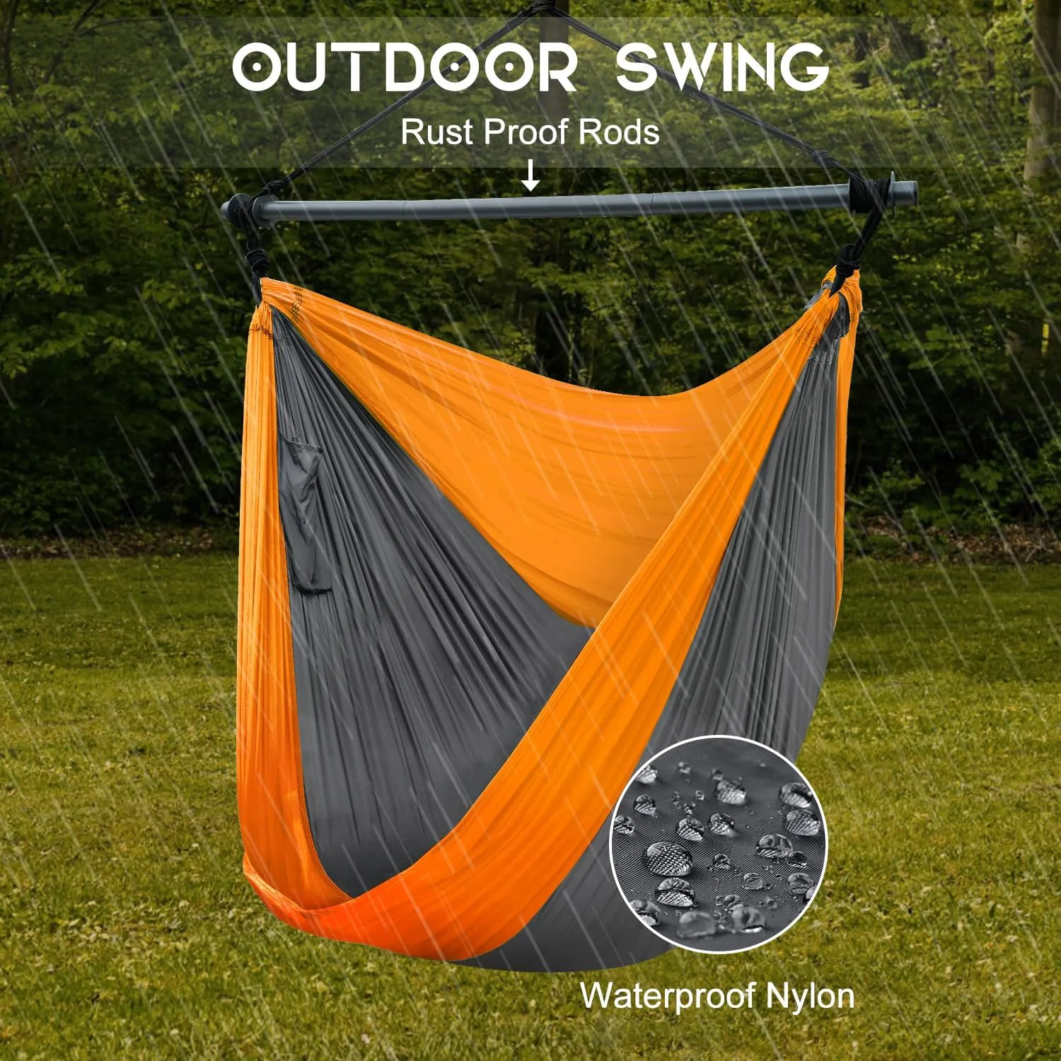 Hammock Chair, Portable Large Hanging Rope Swing, Lightweight Nylon Parachute, Max 500 Lbs, Detachable Metal Support Bar Hammock Chair Swing for Outdoor, Indoor, Bedroom (Orange, Dark Gray)