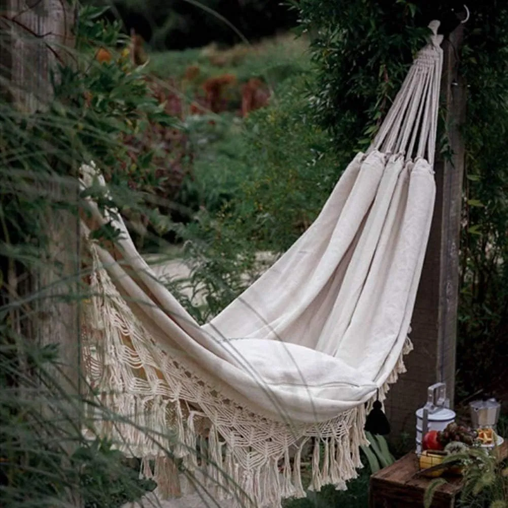 Hammocks for Outside Outdoor Garden Hammock Tassel Canvas Swing Chair Hanging Bed Hiking Camping Foldable Hammocks Easy to Store Hammock Camping, 200*150cm, White