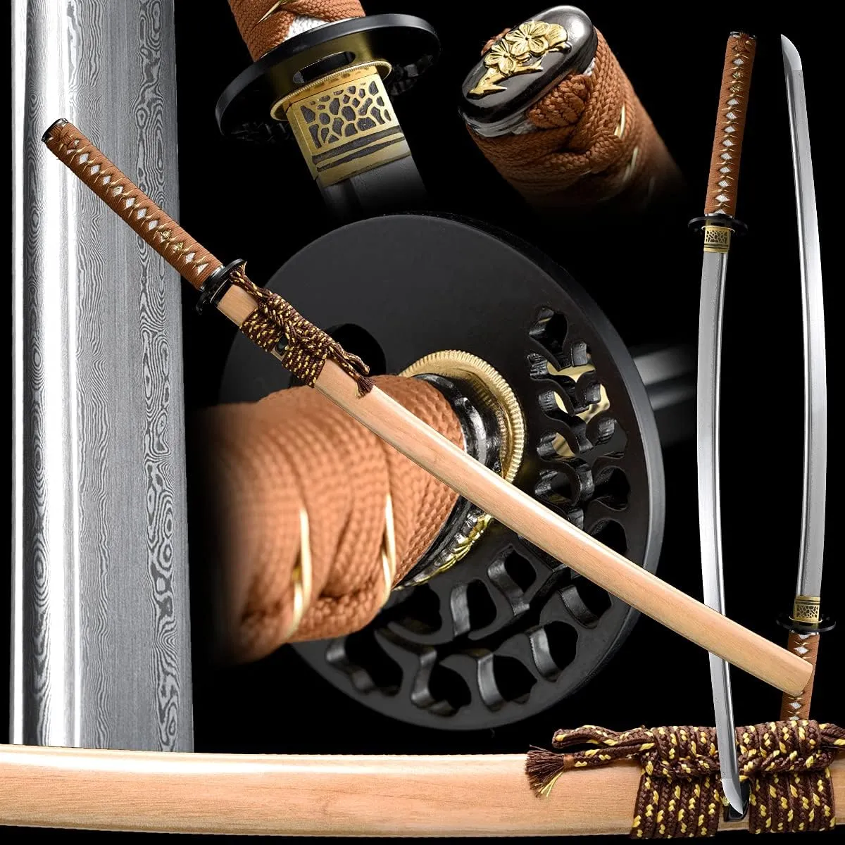 Handmade Katana,Japanese Samurai Sword Katana,1040/1060/1095 Damascus Steel,T10 High Carbon Steel Clay Tempered,Full Tang