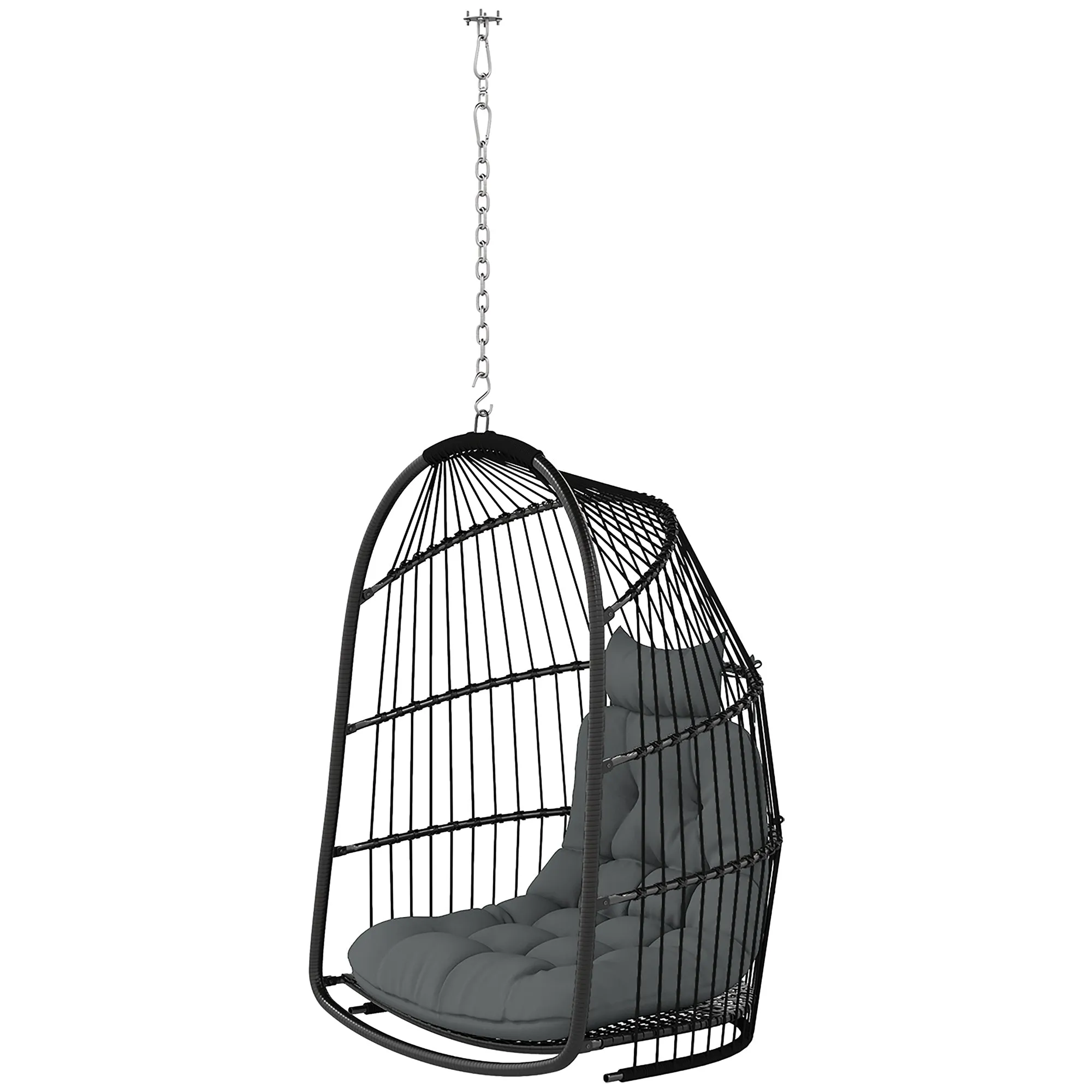 Hanging Egg Chair, Foldable Rattan Garden Swing Chair with Installation Kit, Thickened Cushion and Headrest, Indoor Outdoor Hanging Egg Basket Seat for Patio, Porch, Dark Grey