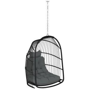 Hanging Egg Chair, Foldable Rattan Garden Swing Chair with Installation Kit, Thickened Cushion and Headrest, Indoor Outdoor Hanging Egg Basket Seat for Patio, Porch, Dark Grey