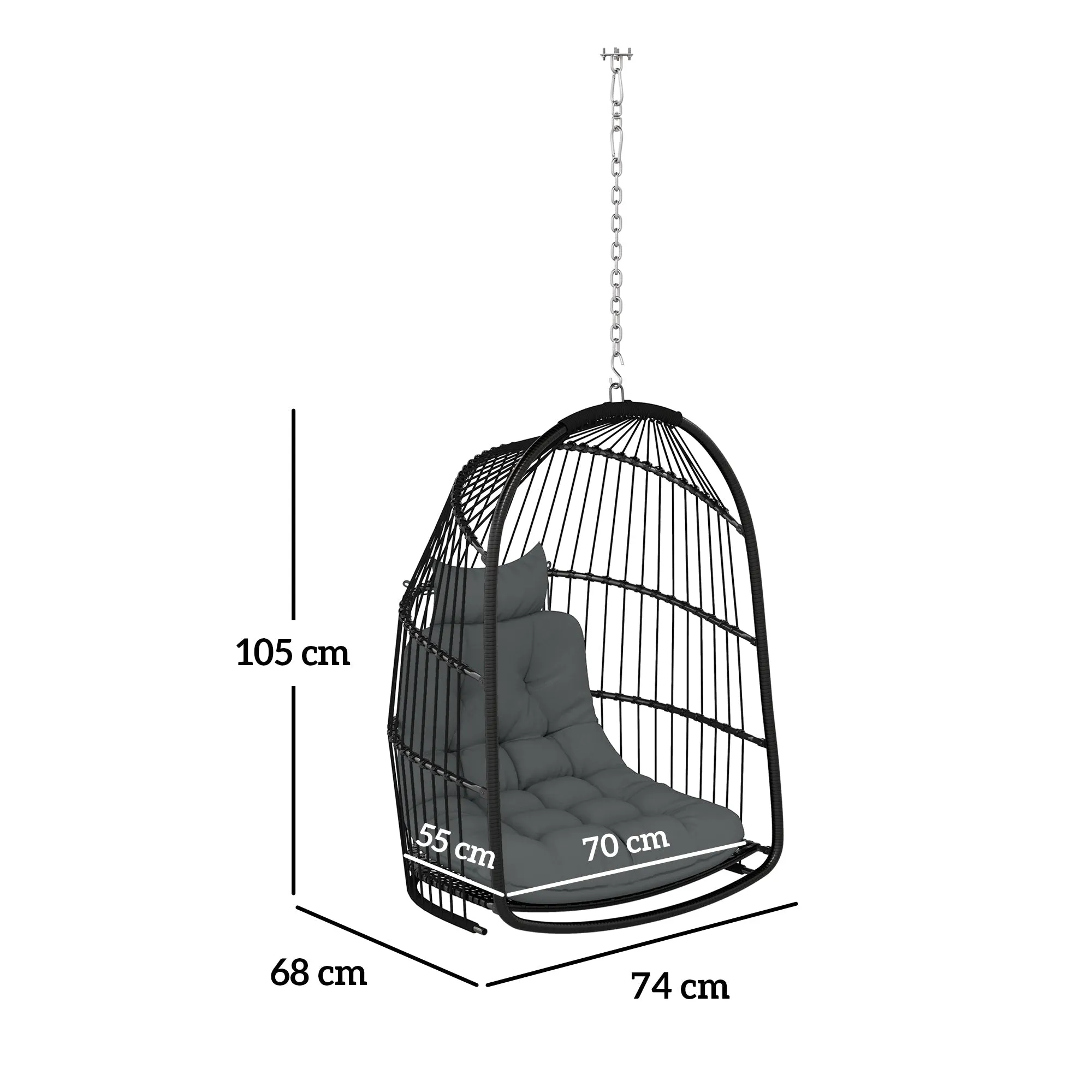 Hanging Egg Chair, Foldable Rattan Garden Swing Chair with Installation Kit, Thickened Cushion and Headrest, Indoor Outdoor Hanging Egg Basket Seat for Patio, Porch, Dark Grey