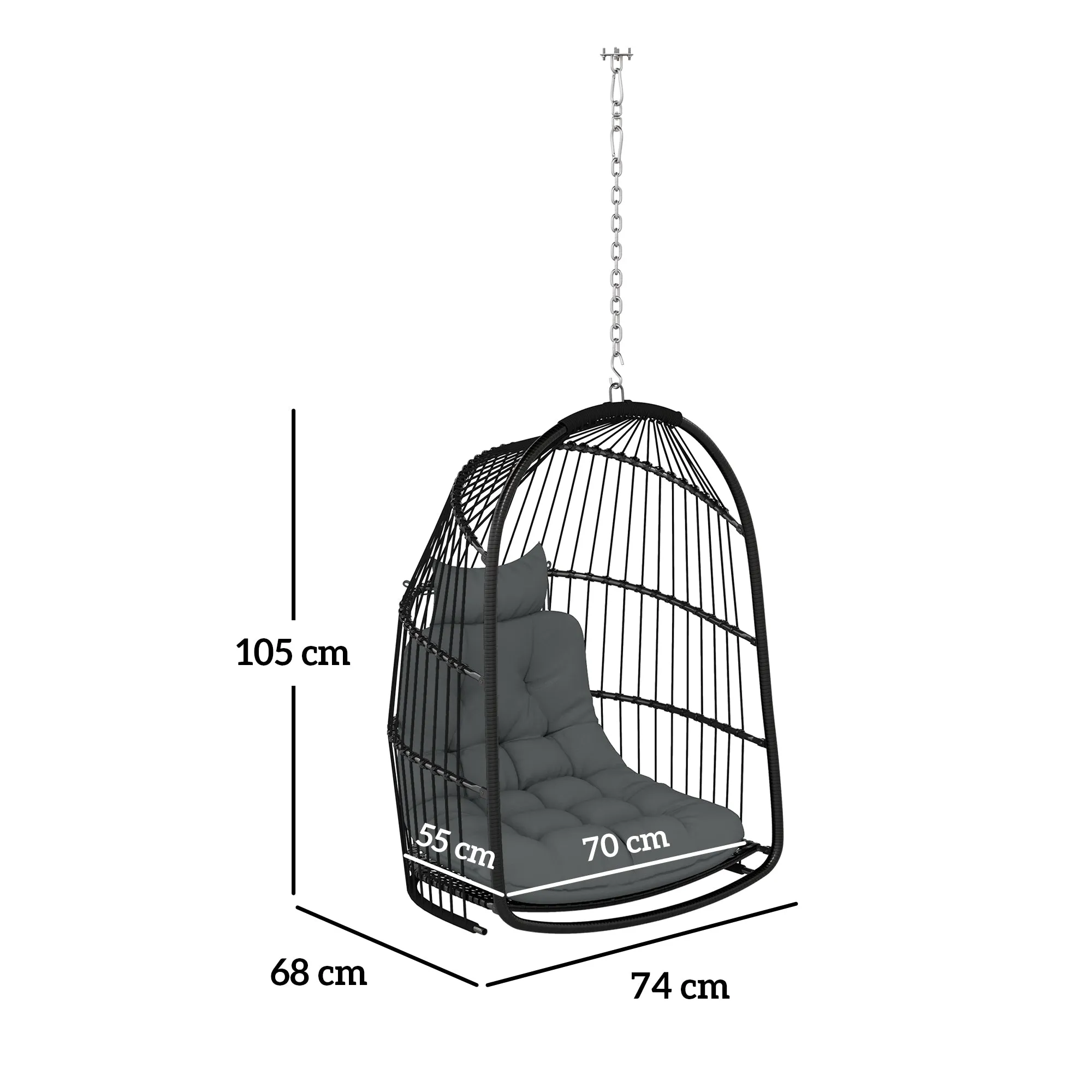 Hanging Egg Chair, Foldable Rattan Garden Swing Chair with Installation Kit, Thickened Cushion and Headrest, Indoor Outdoor Hanging Egg Basket Seat for Patio, Porch, Dark Grey