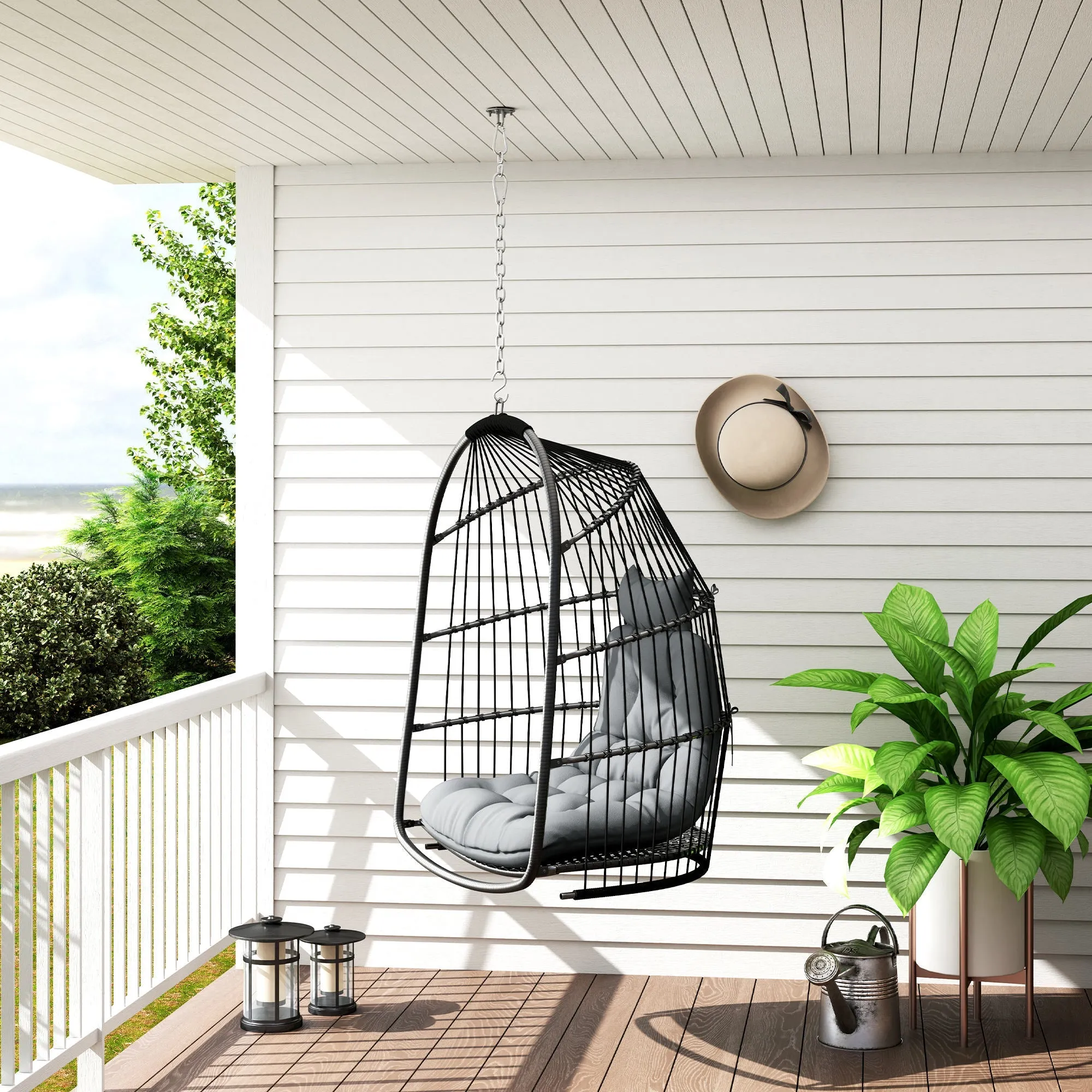 Hanging Egg Chair, Foldable Rattan Garden Swing Chair with Installation Kit, Thickened Cushion and Headrest, Indoor Outdoor Hanging Egg Basket Seat for Patio, Porch, Dark Grey