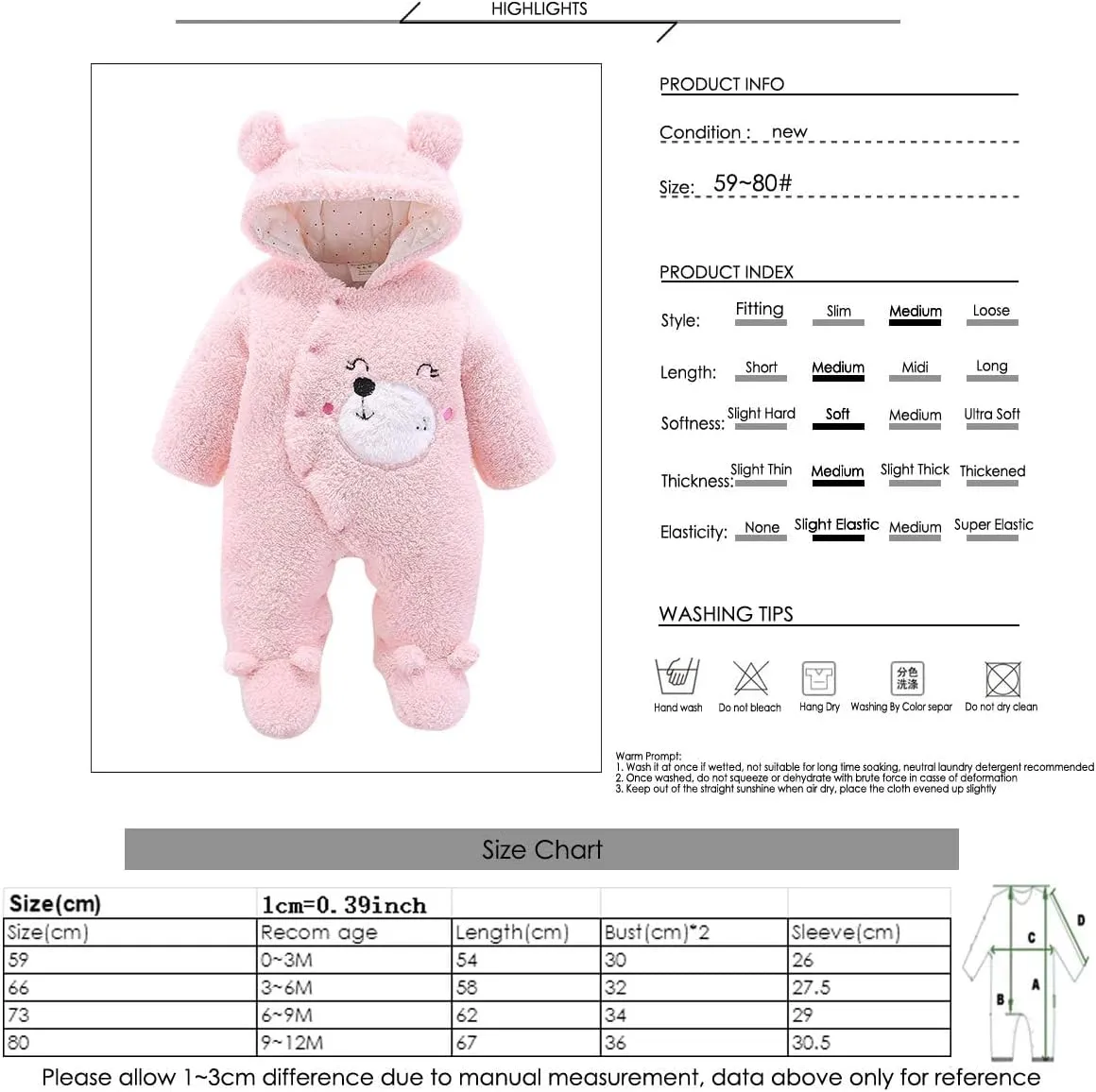 Haokaini Newborn Bear Warmer Snowsuit Cotton Fleece Hooded Romper Jumpsuit for Baby Girls Boys