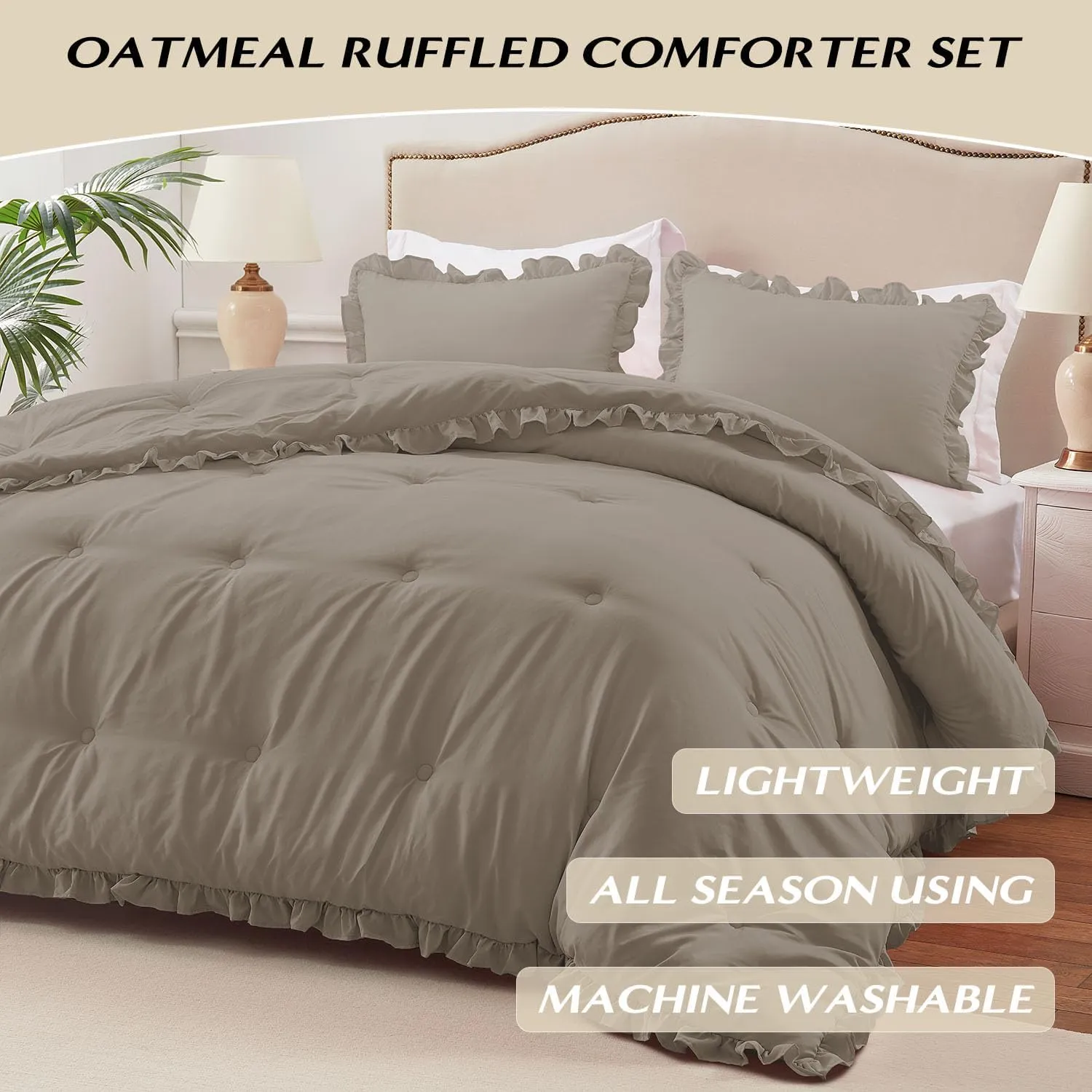 HARBOREST King Comforter & Pillow Shams - Fluffy King Size Bedding for All Seasons, Shabby Chic Oatmeal Ruffle Comforter Set (3 Pieces)