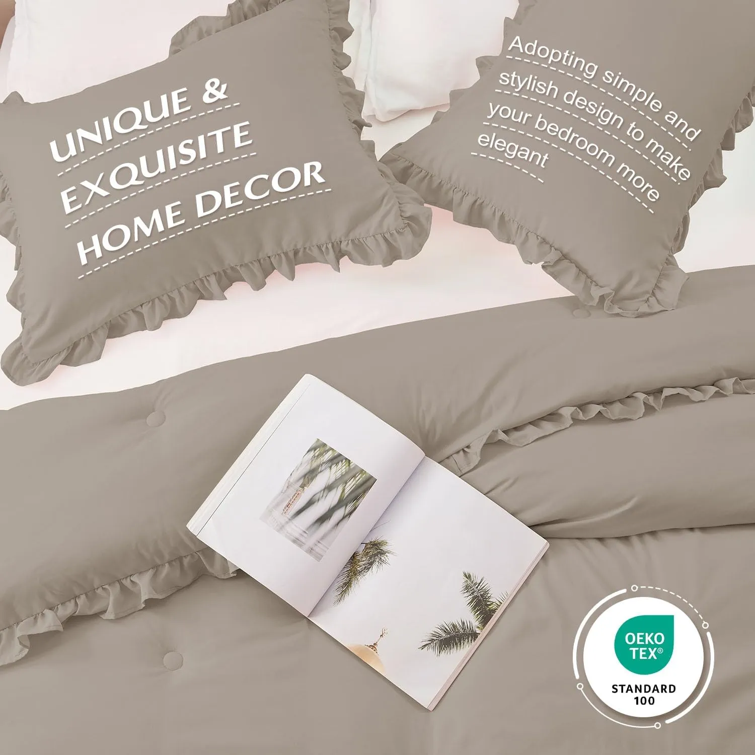 HARBOREST King Comforter & Pillow Shams - Fluffy King Size Bedding for All Seasons, Shabby Chic Oatmeal Ruffle Comforter Set (3 Pieces)