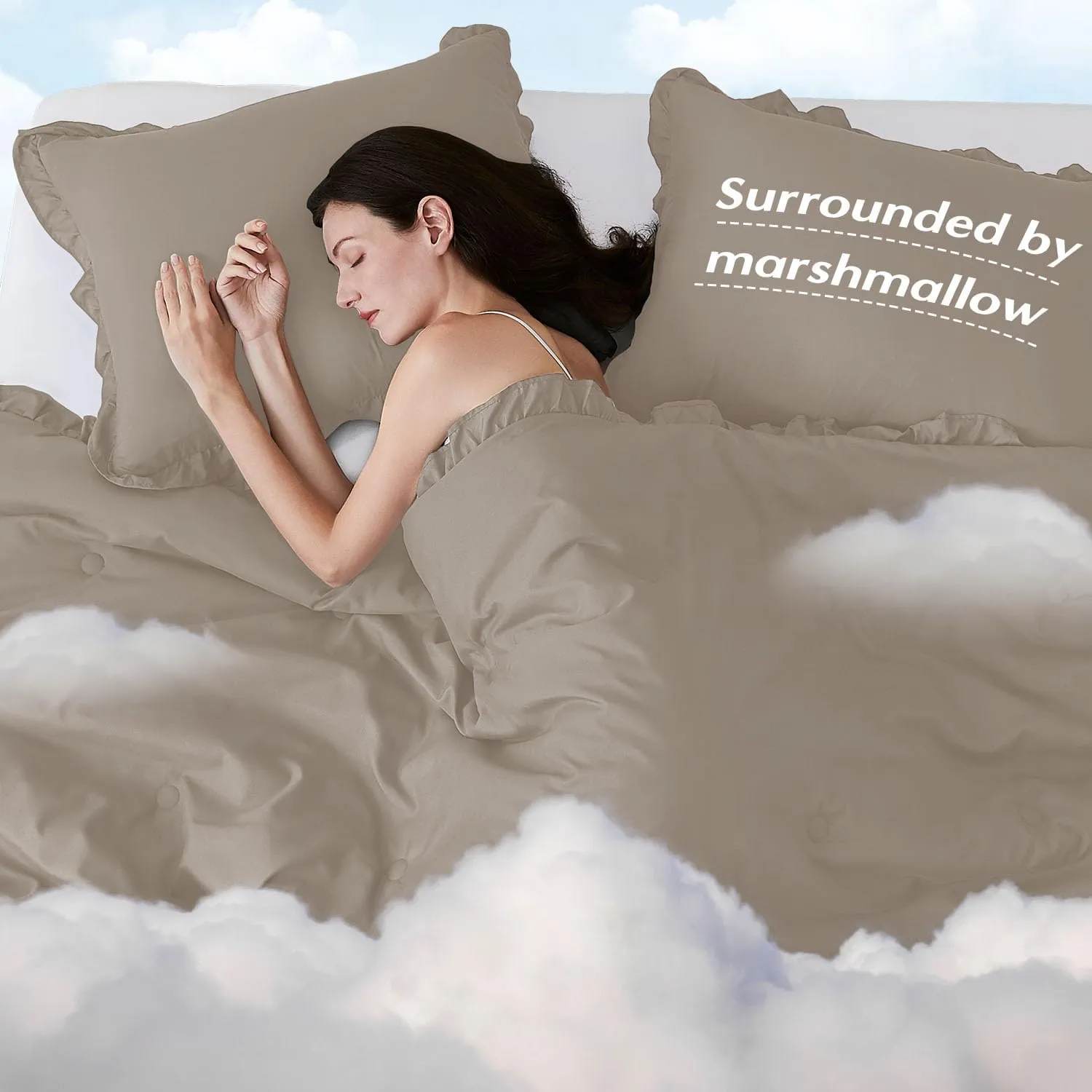 HARBOREST King Comforter & Pillow Shams - Fluffy King Size Bedding for All Seasons, Shabby Chic Oatmeal Ruffle Comforter Set (3 Pieces)