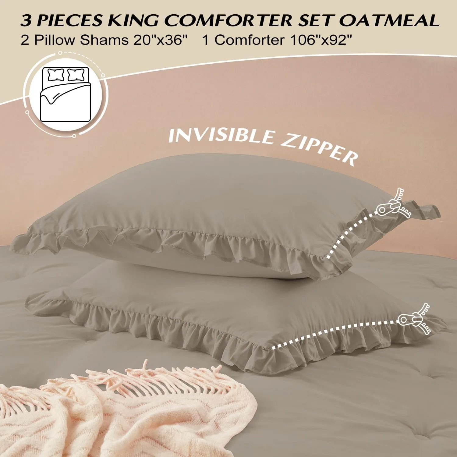 HARBOREST King Comforter & Pillow Shams - Fluffy King Size Bedding for All Seasons, Shabby Chic Oatmeal Ruffle Comforter Set (3 Pieces)