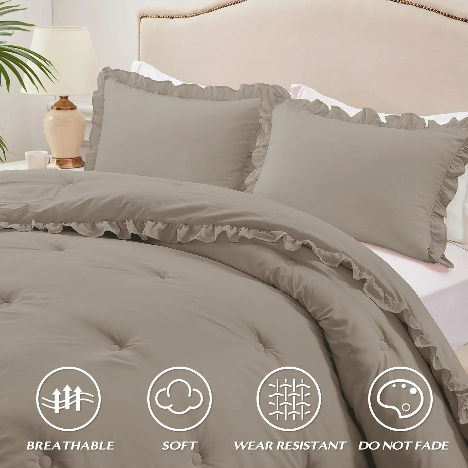 HARBOREST King Comforter & Pillow Shams - Fluffy King Size Bedding for All Seasons, Shabby Chic Oatmeal Ruffle Comforter Set (3 Pieces)