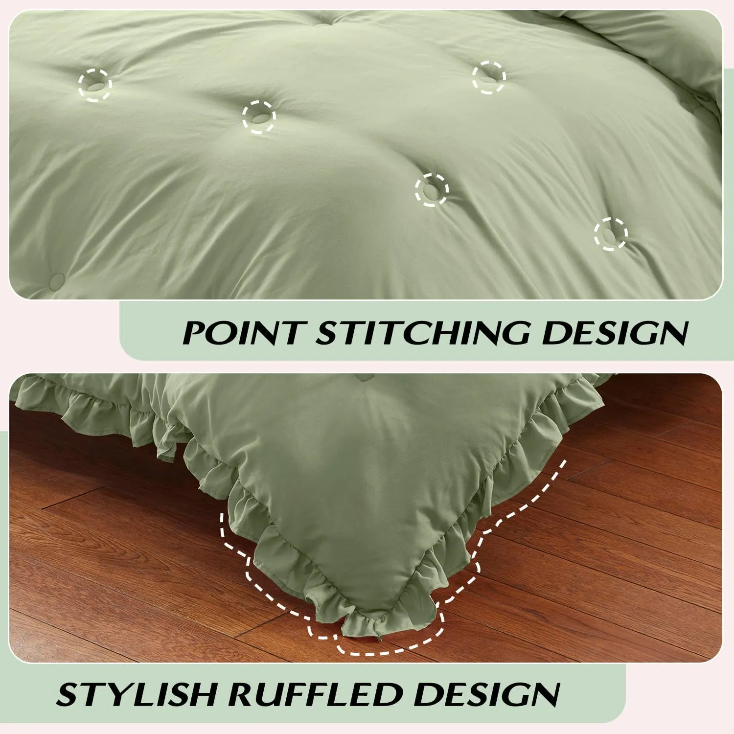 HARBOREST King Comforter & Pillow Shams - Green, Fluffy King Size Bedding for All Seasons, Shabby Chic 3-Piece Set