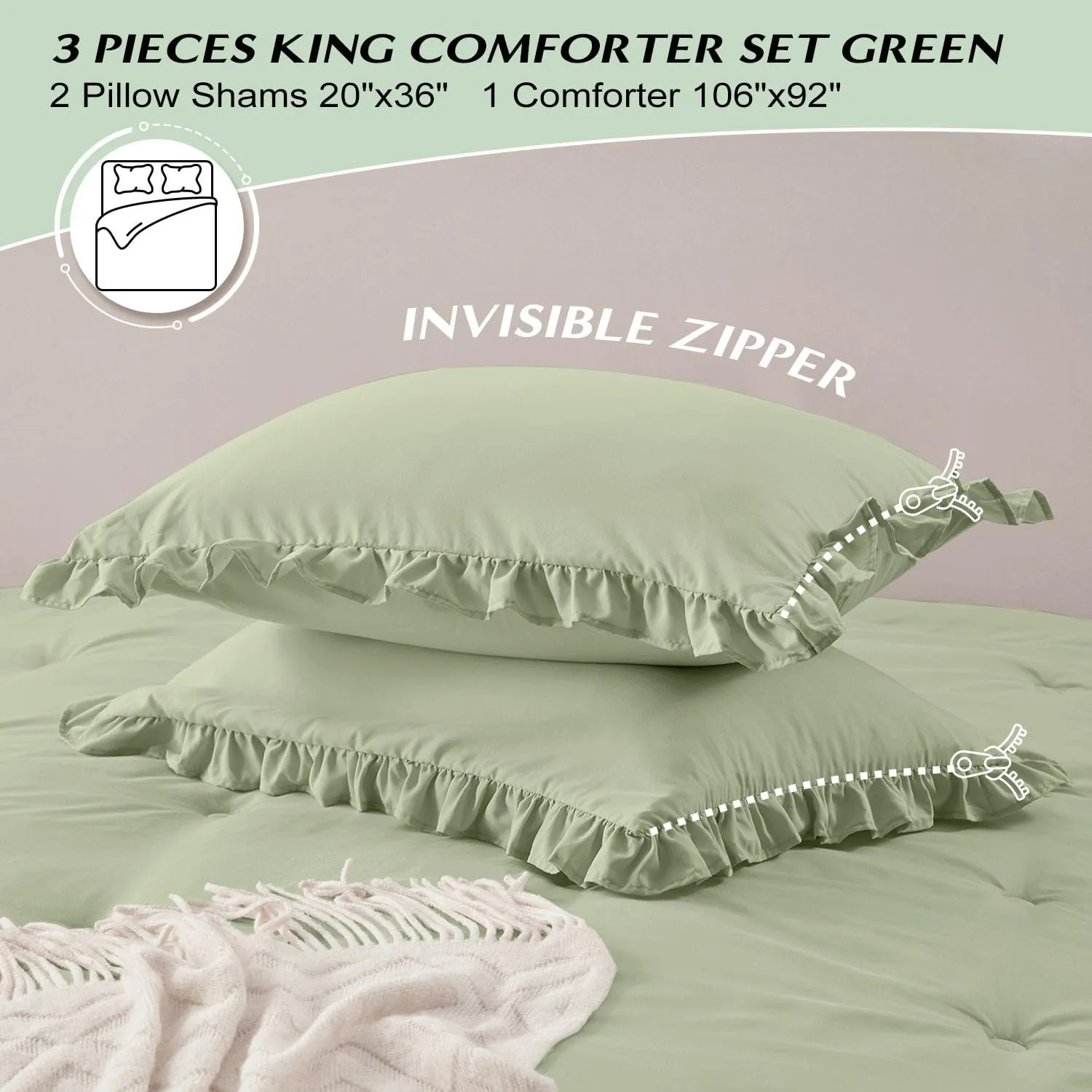 HARBOREST King Comforter & Pillow Shams - Green, Fluffy King Size Bedding for All Seasons, Shabby Chic 3-Piece Set