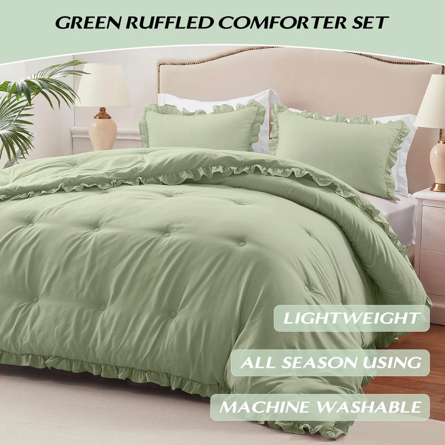 HARBOREST King Comforter & Pillow Shams - Green, Fluffy King Size Bedding for All Seasons, Shabby Chic 3-Piece Set