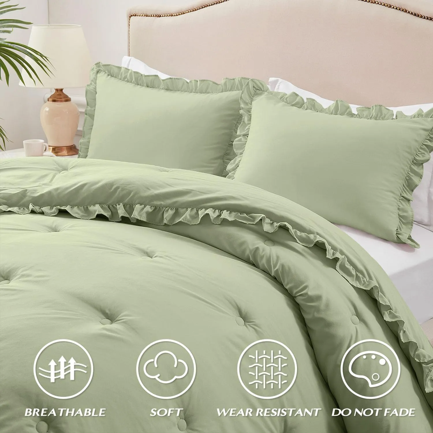 HARBOREST King Comforter & Pillow Shams - Green, Fluffy King Size Bedding for All Seasons, Shabby Chic 3-Piece Set