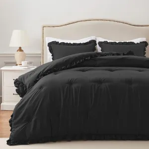 HARBOREST King Comforter Set Black - Ruffle Comforter for King Size Bed, Fluffy King Size Comforter Set for All Seasons, 3 Pieces Shabby Chic Bedding Comforter Set(1 Comforter & 2 Pillow Shams)