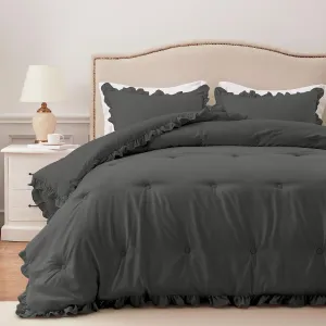 HARBOREST King Comforter Set Grey - Ruffle Comforter for King Size Bed, Fluffy King Size Comforter Set for All Seasons, 3 Pieces Shabby Chic Bedding Comforter Set(1 Comforter & 2 Pillow Shams)
