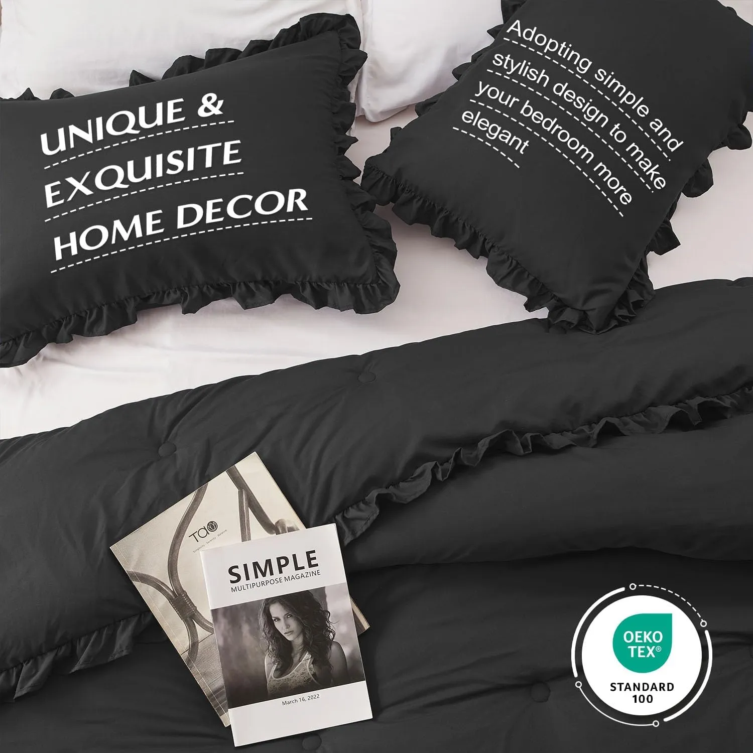 HARBOREST Lightweight 2 Pieces Black Ruffle Bed Set Vintage Farmhouse Soft Comforter Set Twin with 1 Pillow Shams(Twin/Twin XL, 66x92 inches, Black)