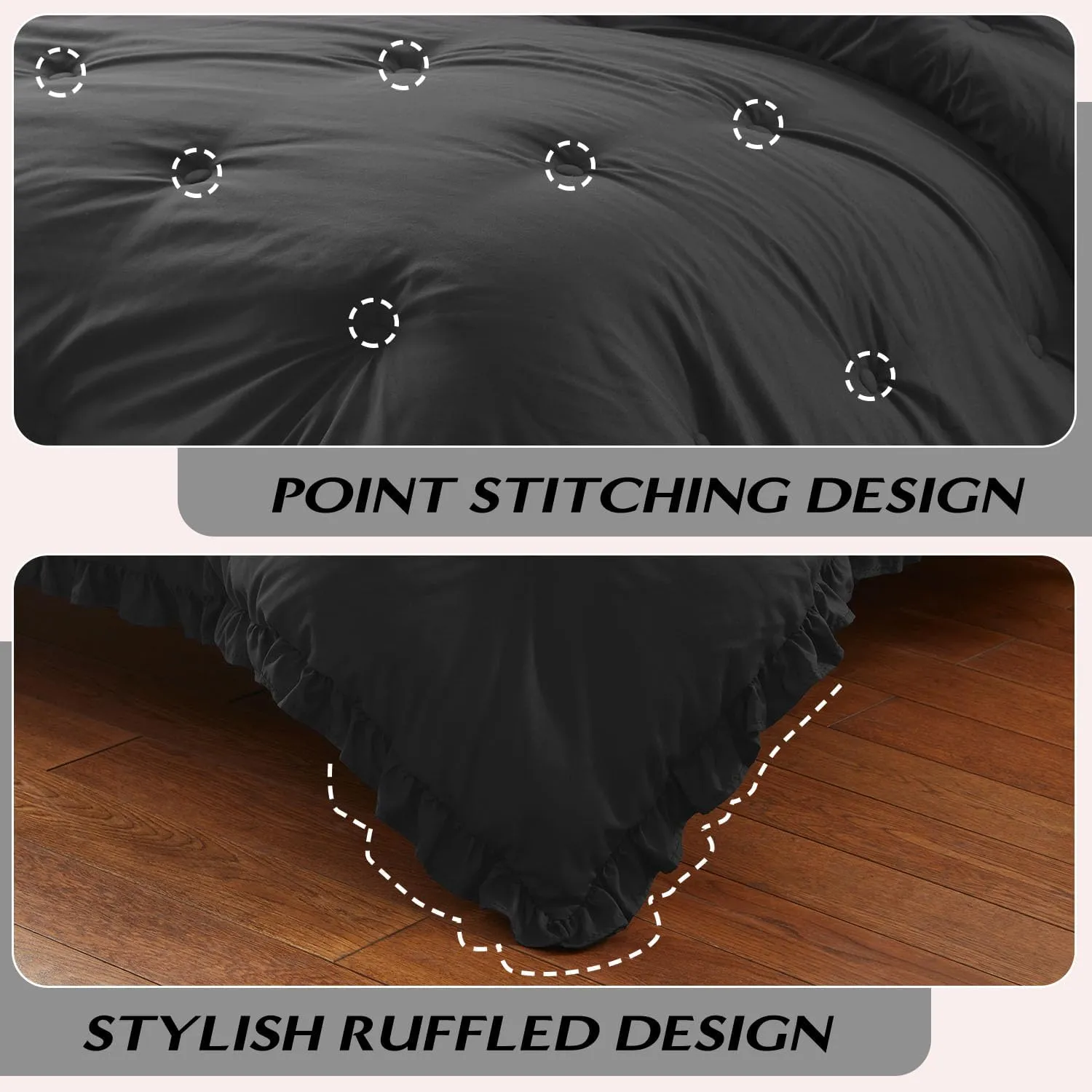 HARBOREST Lightweight 2 Pieces Black Ruffle Bed Set Vintage Farmhouse Soft Comforter Set Twin with 1 Pillow Shams(Twin/Twin XL, 66x92 inches, Black)