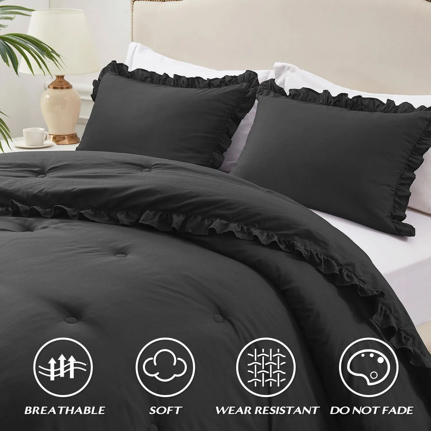 HARBOREST Lightweight 2 Pieces Black Ruffle Bed Set Vintage Farmhouse Soft Comforter Set Twin with 1 Pillow Shams(Twin/Twin XL, 66x92 inches, Black)