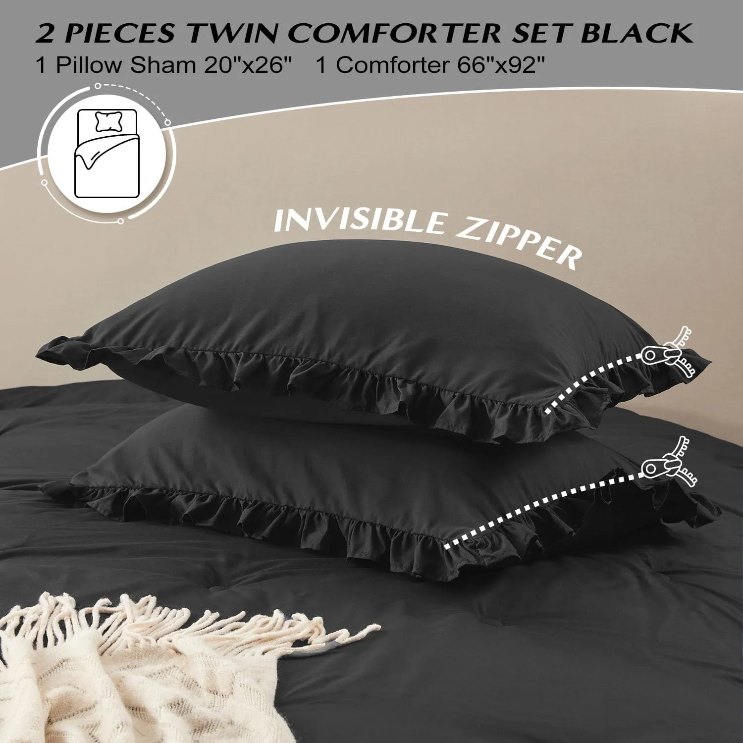 HARBOREST Lightweight 2 Pieces Black Ruffle Bed Set Vintage Farmhouse Soft Comforter Set Twin with 1 Pillow Shams(Twin/Twin XL, 66x92 inches, Black)