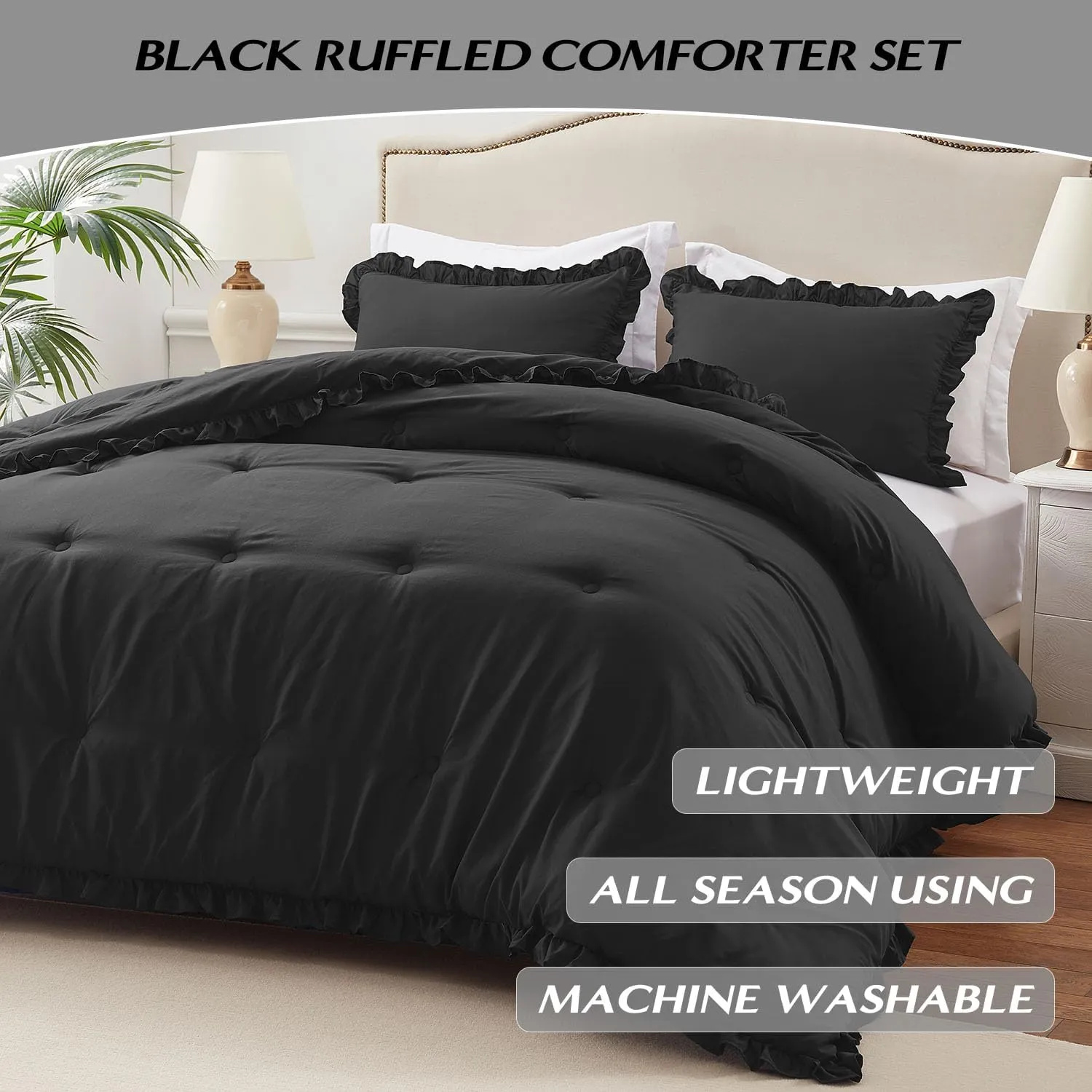 HARBOREST Lightweight 2 Pieces Black Ruffle Bed Set Vintage Farmhouse Soft Comforter Set Twin with 1 Pillow Shams(Twin/Twin XL, 66x92 inches, Black)