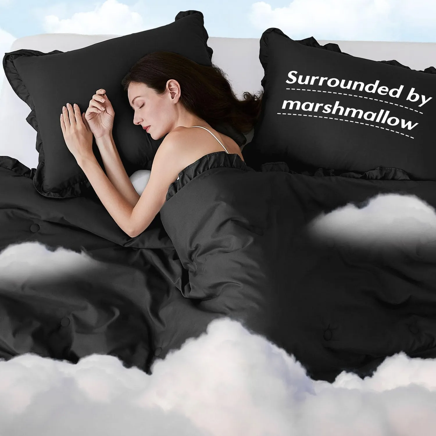 HARBOREST Lightweight 2 Pieces Black Ruffle Bed Set Vintage Farmhouse Soft Comforter Set Twin with 1 Pillow Shams(Twin/Twin XL, 66x92 inches, Black)