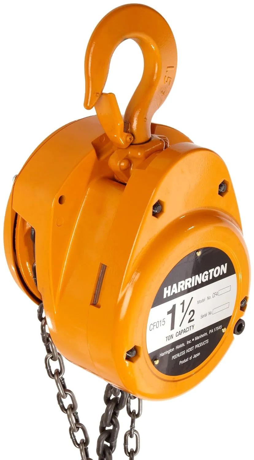 Harrington CF Hand Chain Hoist, Hook Mount, 1/2 Ton Capacity, 10' Lift, 12.8" Headroom, 1.1" Hook Opening