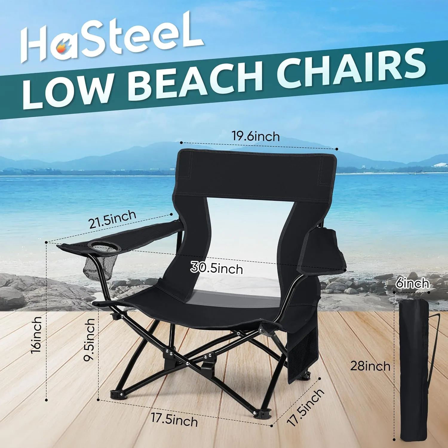HaSteeL Folding Beach Chair Set of 2, Foldable Black Camping Chairs for Outside, Low Beach Chair Portable for Adults Fishing, Picnic, Outdoor BBQ, Travel, Sports, Cup Holder & Storage Bag