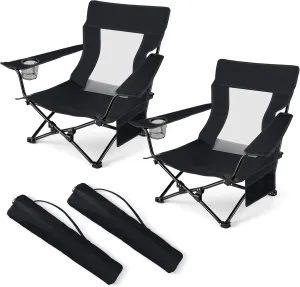 HaSteeL Folding Beach Chair Set of 2, Foldable Black Camping Chairs for Outside, Low Beach Chair Portable for Adults Fishing, Picnic, Outdoor BBQ, Travel, Sports, Cup Holder & Storage Bag