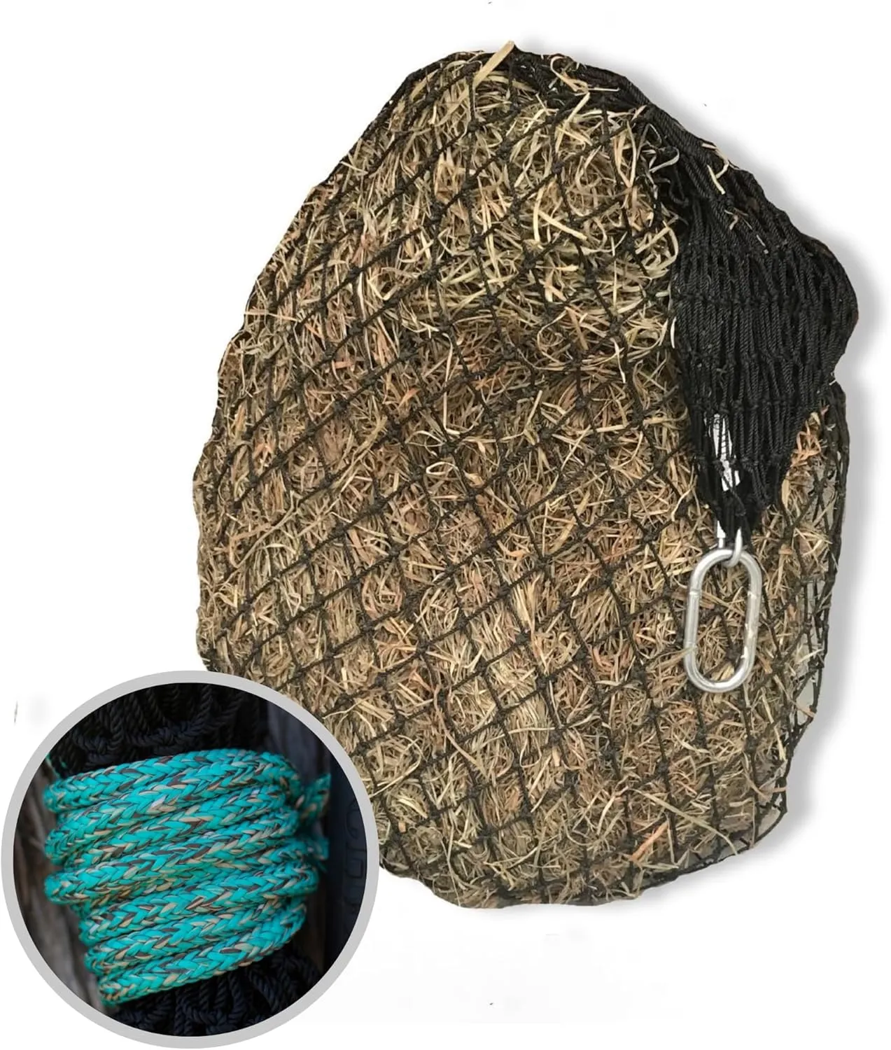 Hay Chix Hay Net for Horses | Slow Feed Hay Bag Feeder | Marine-Grade UV Treated Nylon | Holds 4-6 Flakes | Half Bale Net (1 3/4" Holes)