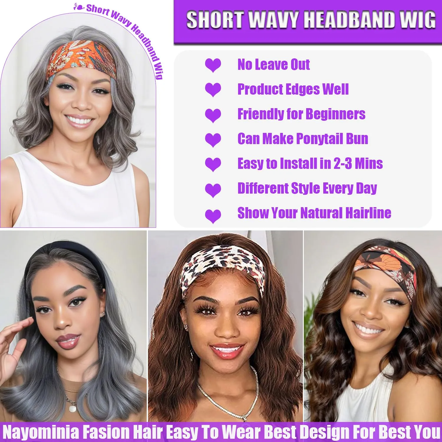 Headband Wigs For Black Women Short Wavy Headband Wig 14 Inch Chocolate Glueless Wig Heat Resistant Fibers Synthetic Hair Natural Look（#4）