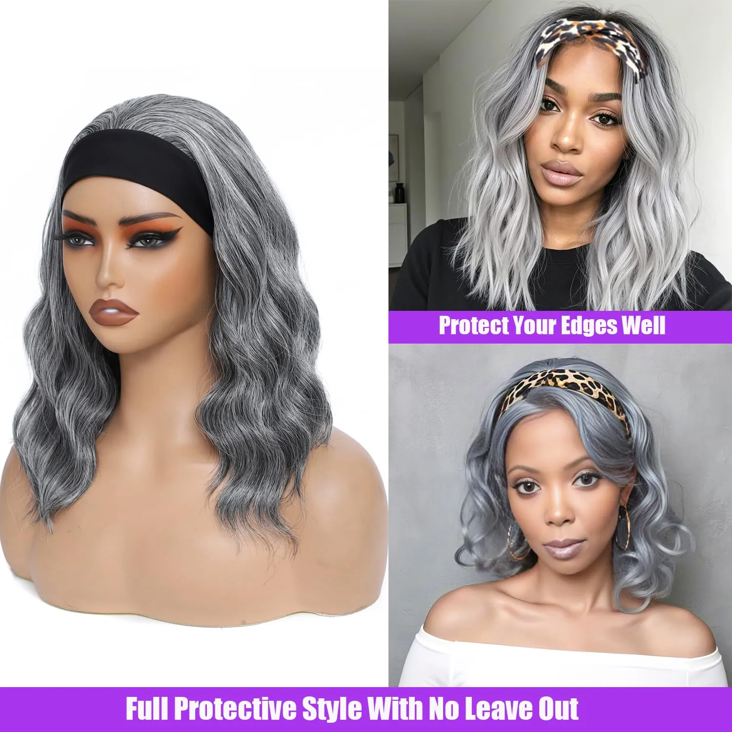 Headband Wigs For Black Women Short Wavy Headband Wig 14 Inch Chocolate Glueless Wig Heat Resistant Fibers Synthetic Hair Natural Look（#4）