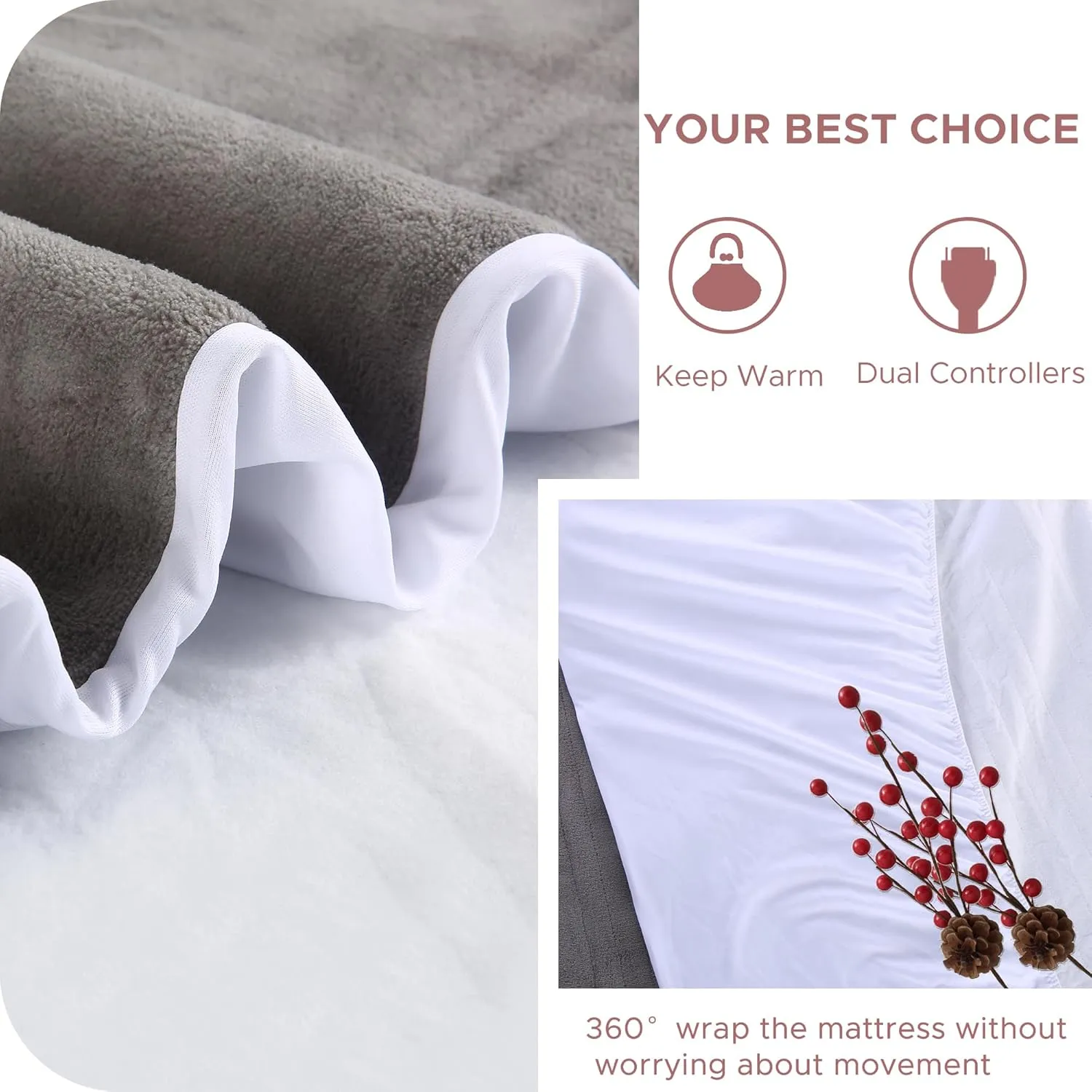 Heated Mattress Pad King Size 78"x80", 5 Heating Levels Dual Control with 10 Hours Auto-Off, Cozy Coral Fleece, Warming Bed and Fast Heating, Grey