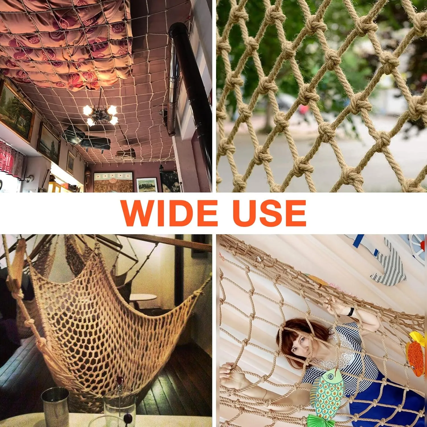 Hemp Rope Net (3ft x 9ft) Heavy Duty Natural Jute Rope Climbing Safety Netting for Balcony Stairs, Fence, Garden, Playground Protection & Indoor/Outdoor Decor