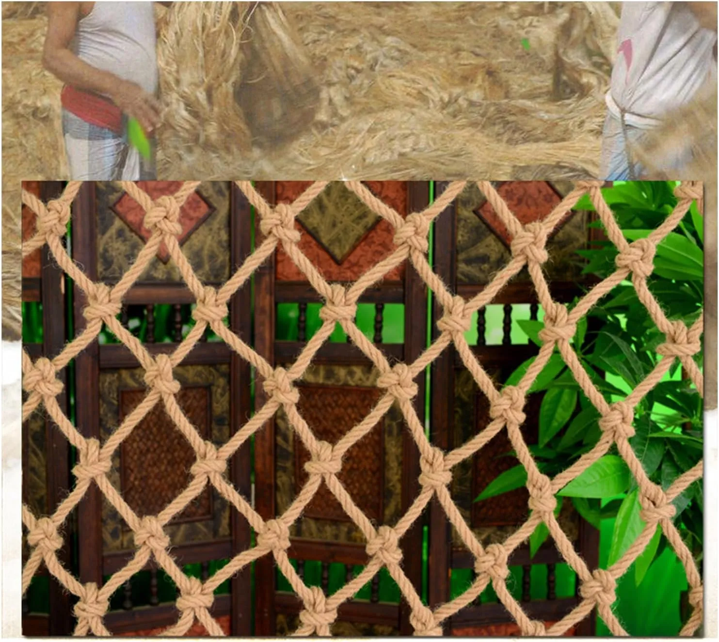 Hemp Rope Net Climbing Cargo Net 4mm/10cm, Safety Plant Support Net Children's Outdoor Climbing Net Stairs Balcony Safety Net Railing Garden Playground Tree House and Decoration,2MX2M(6.6X6.6FT