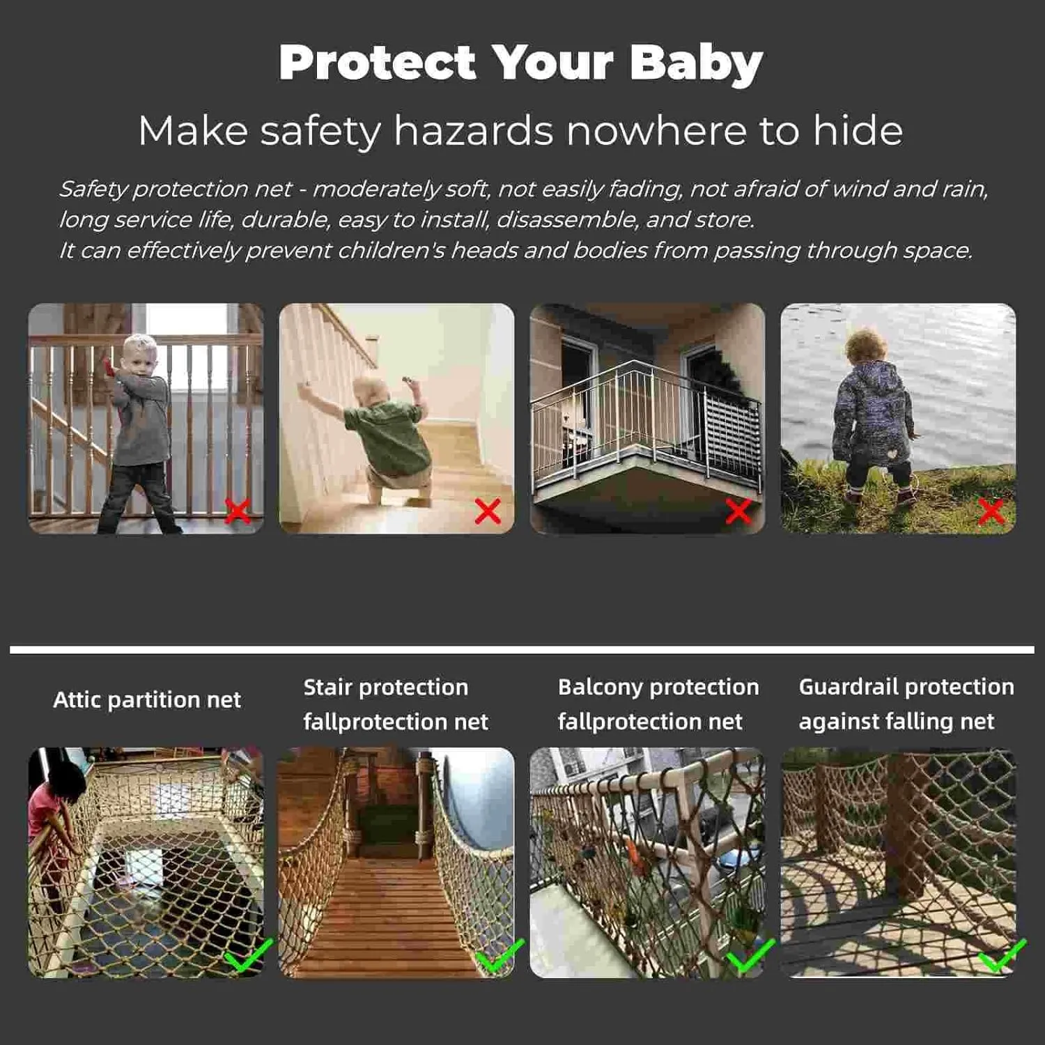 Hemp Rope Netting Safety, Climbing Net for Kids Outdoor,Safety Net for Stairs Balcony,Railings,Garden,Playground,Tree House and Decoration (6MM-8CM, 3.3ft×13.2ft)