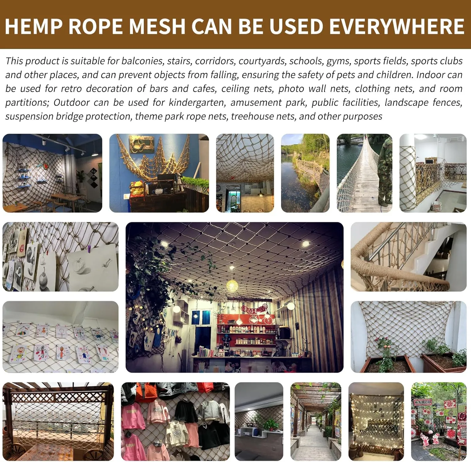 Hemp Rope Netting Safety, Climbing Net for Kids Outdoor,Safety Net for Stairs Balcony,Railings,Garden,Playground,Tree House and Decoration (6MM-8CM, 3.3ft×13.2ft)