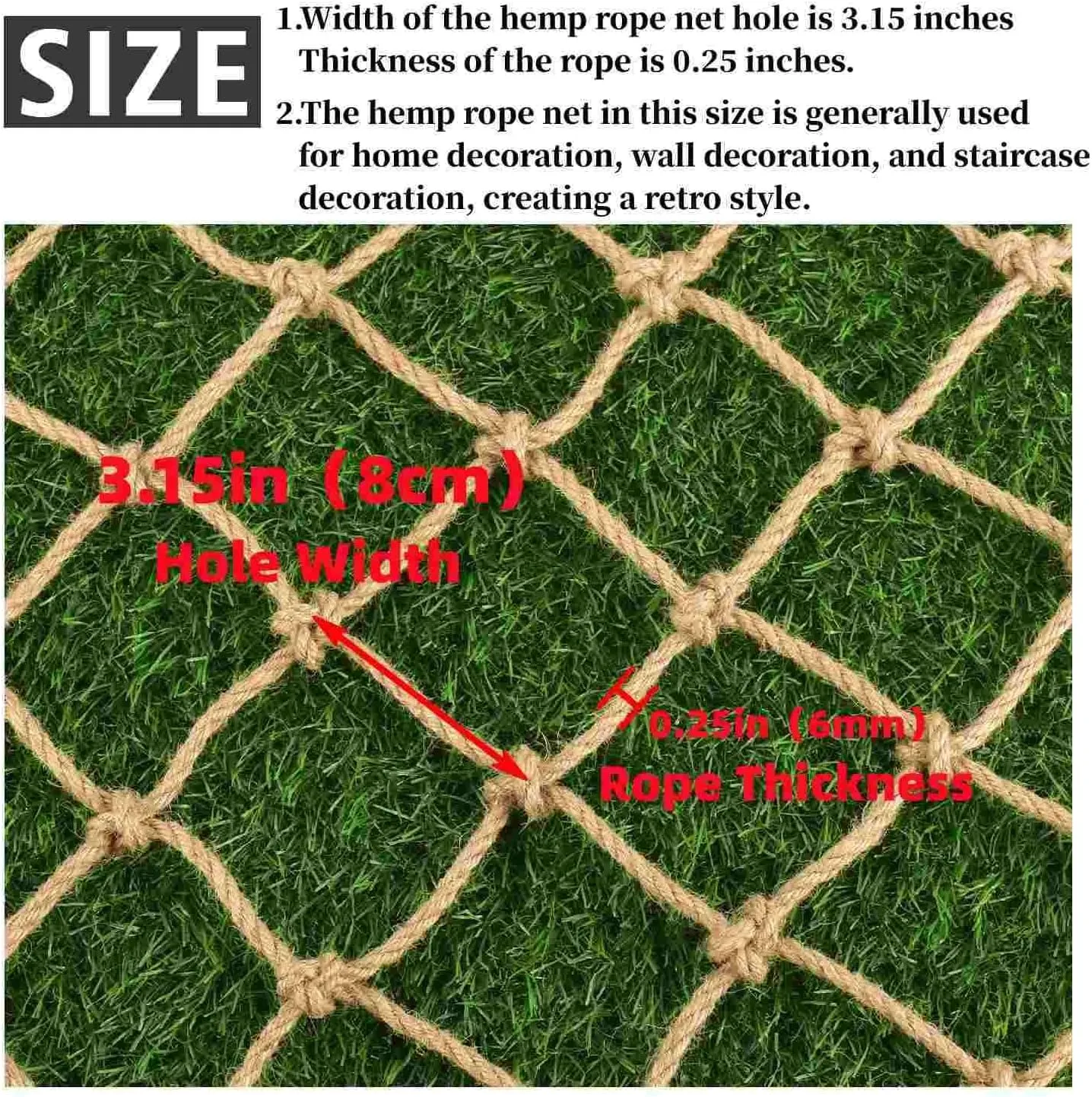 Hemp Rope Netting Safety, Climbing Net for Kids Outdoor,Safety Net for Stairs Balcony,Railings,Garden,Playground,Tree House and Decoration (6MM-8CM, 3.3ft×13.2ft)