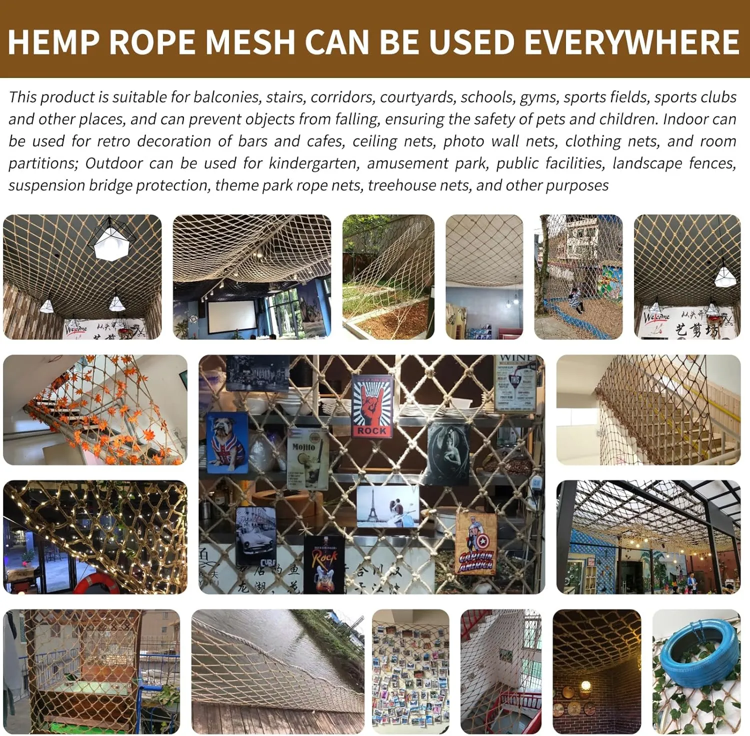 Hemp Rope Netting Safety, Climbing Net for Kids Outdoor,Safety Net for Stairs Balcony,Railings,Garden,Playground,Tree House and Decoration (6MM-8CM, 3.3ft×13.2ft)