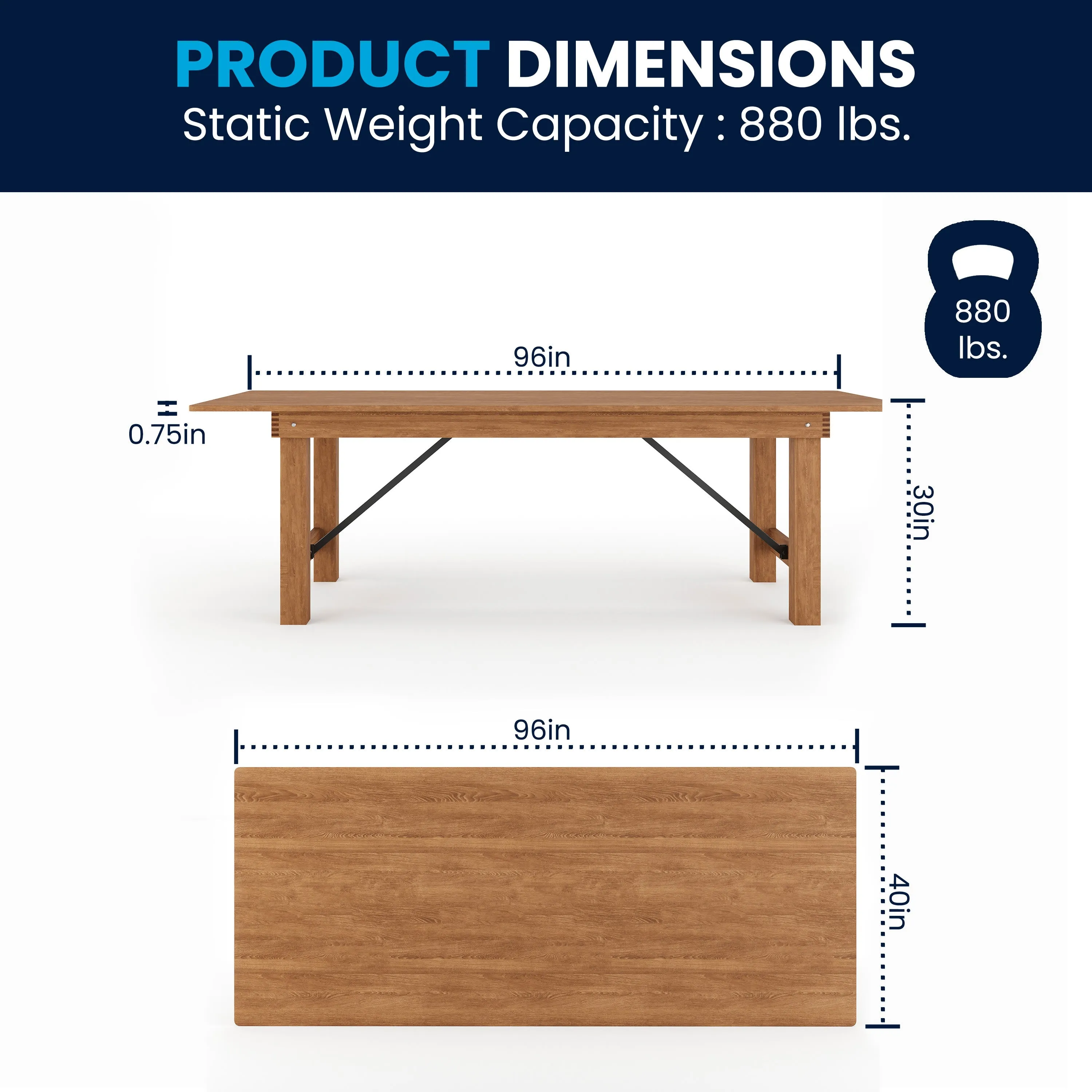 HERCULES Series 8' x 40" Solid Pine Folding Farm Table
