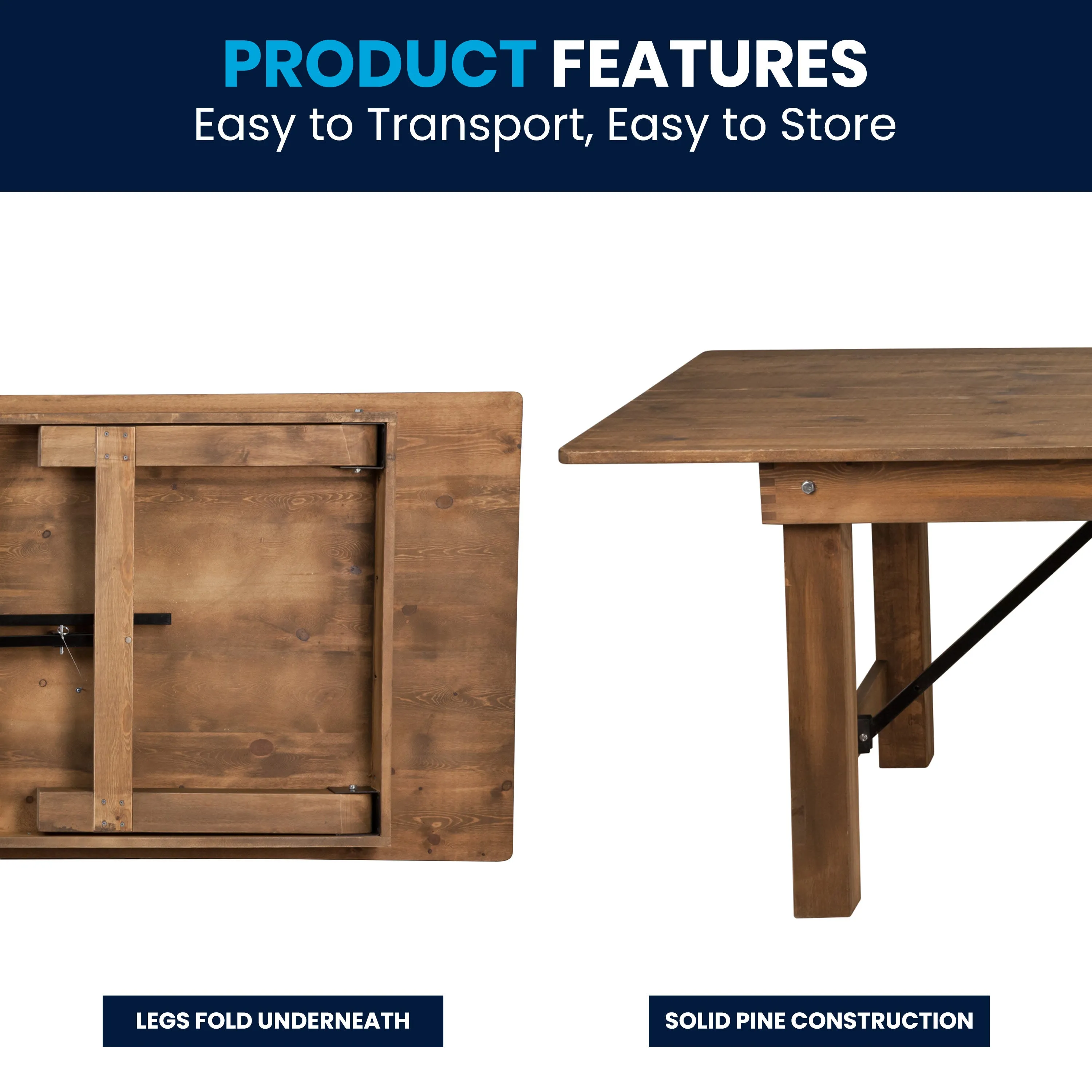 HERCULES Series 8' x 40" Solid Pine Folding Farm Table